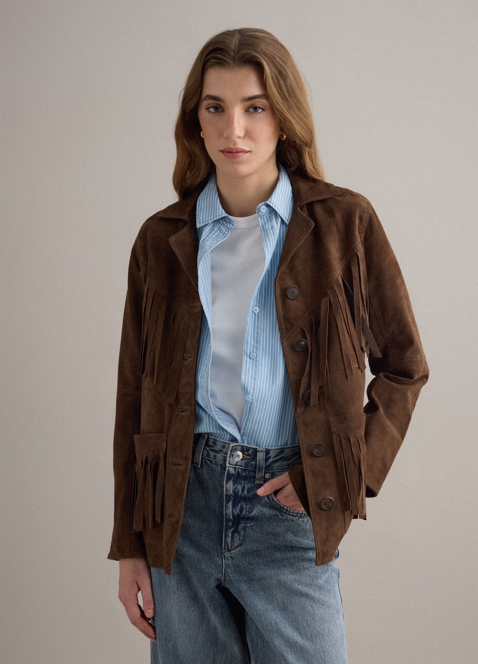 Brown genuine leather jacket with fringes