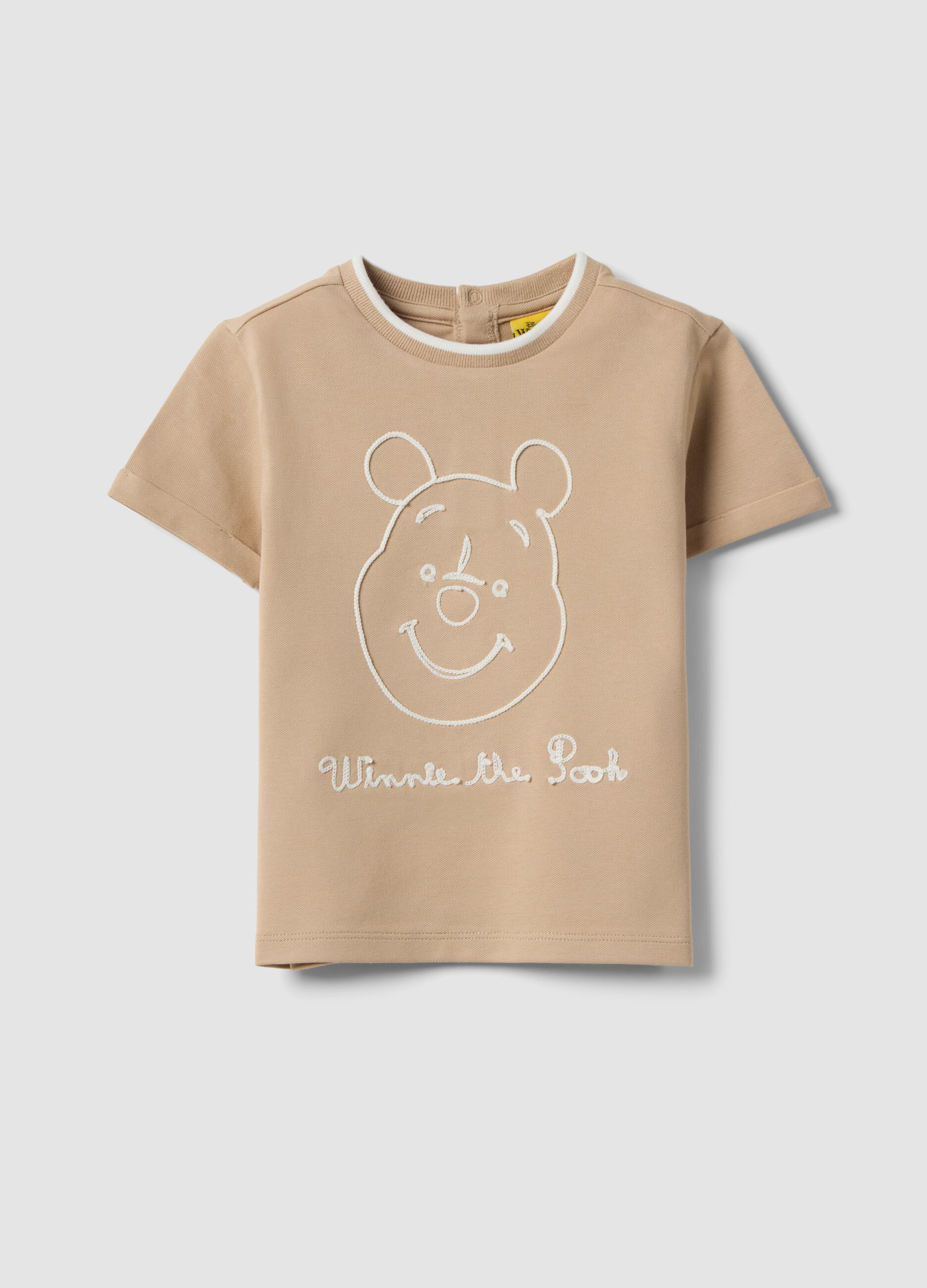 Beige Stretch Cotton Kids T-shirt with Winnie Embroidery