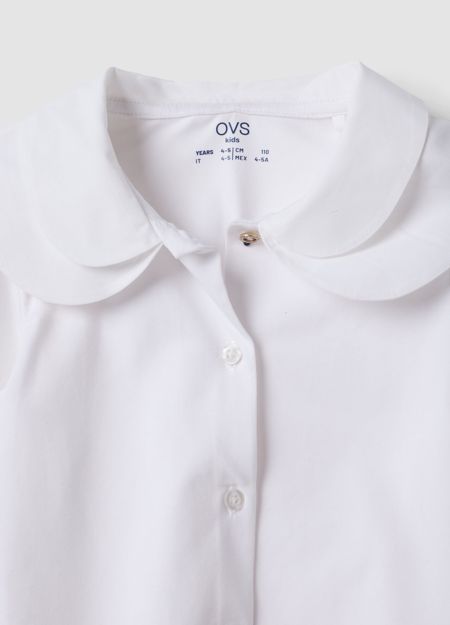 White stretch cotton blouse with rounded collar, regular fit