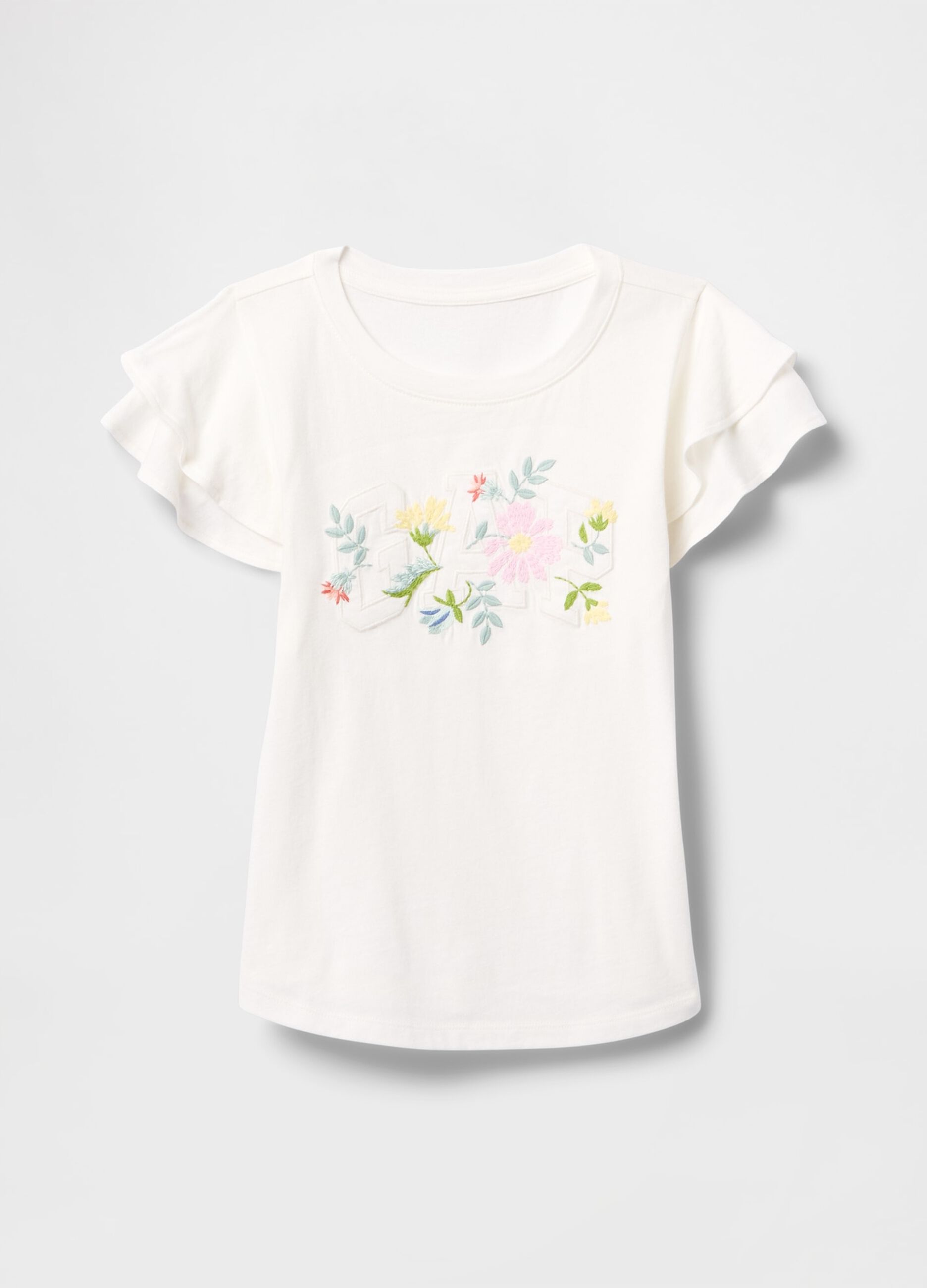 White short sleeve t-shirt with frills and floral print