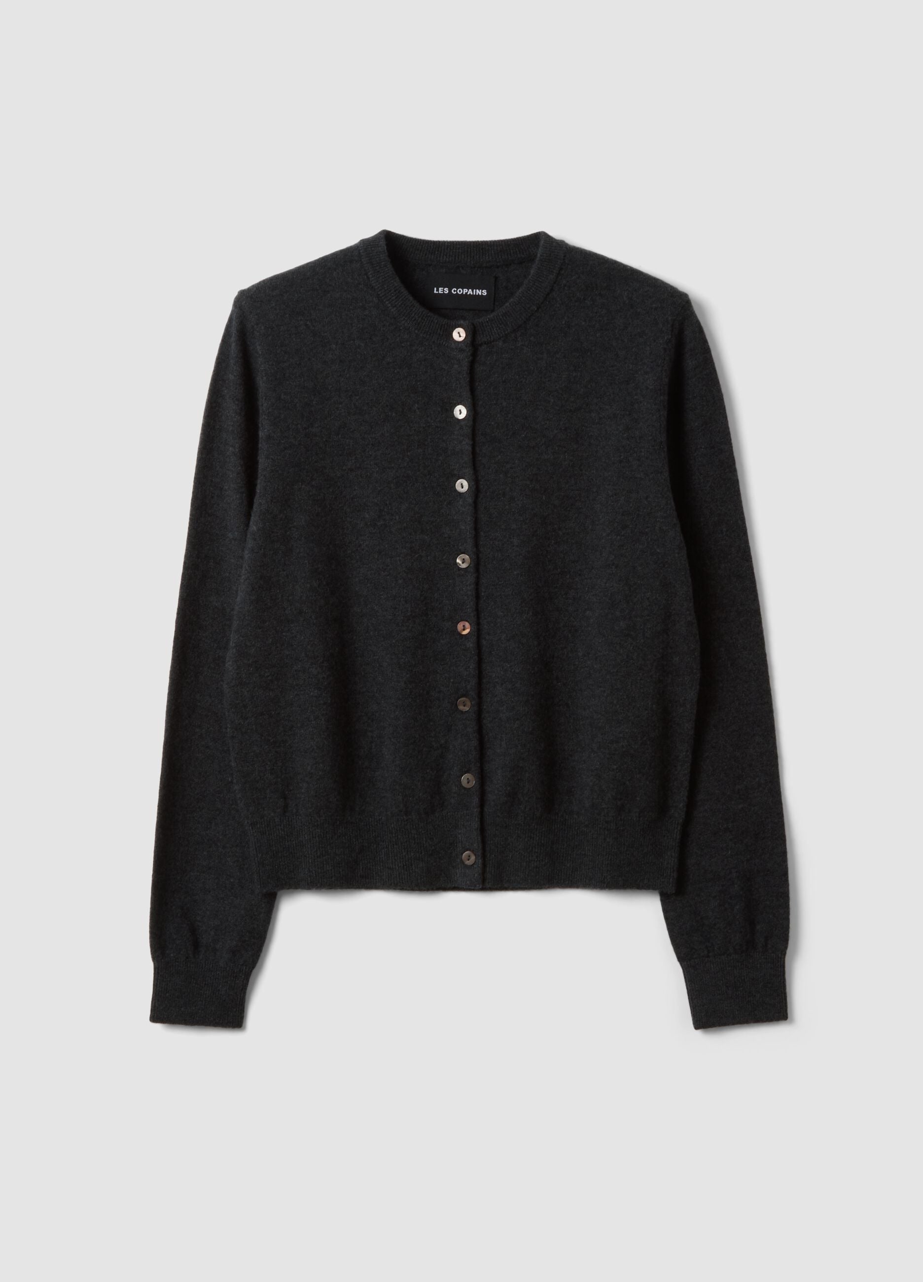Grey pure wool crew-neck cardigan with buttons, regular fit