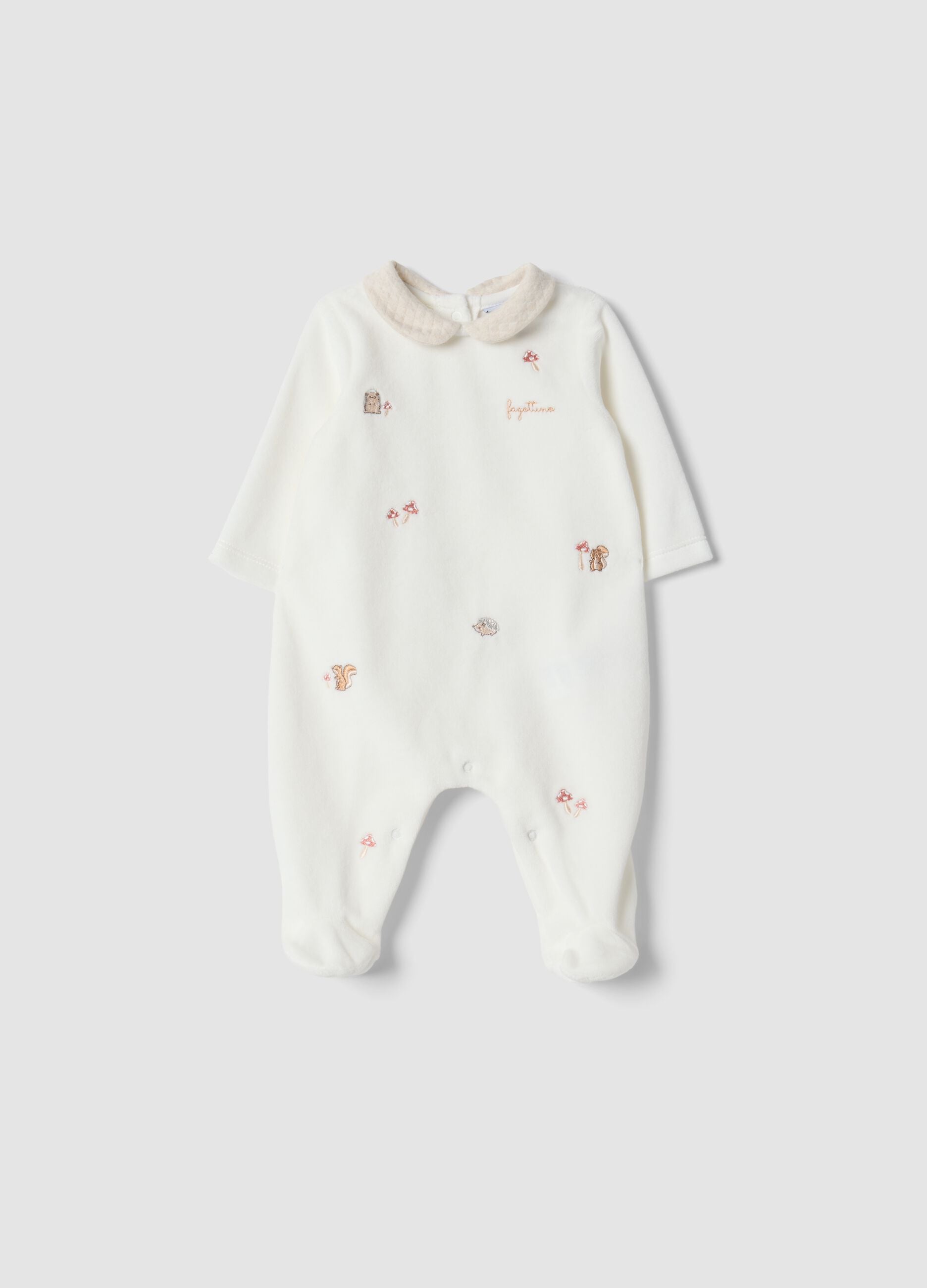 White organic cotton-blend baby sleepsuit with collar and animal embroidery