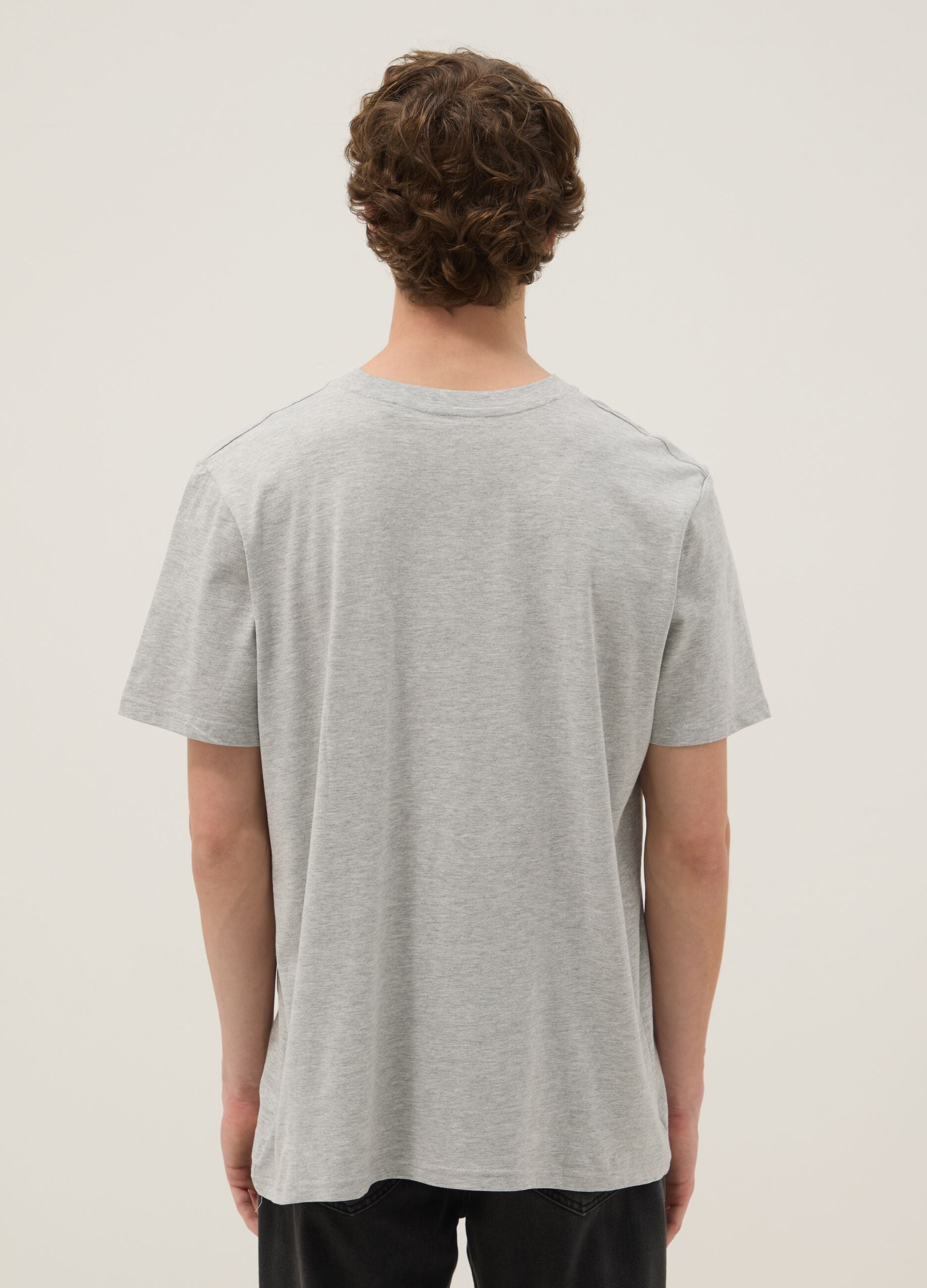 Grey pure cotton T-shirt with blue stripes