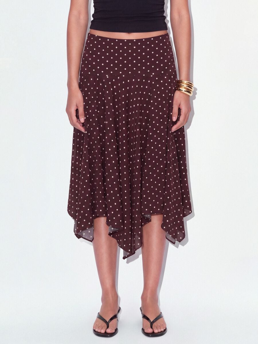 Brown polka-dot skirt in viscose blend with asymmetric hem_1