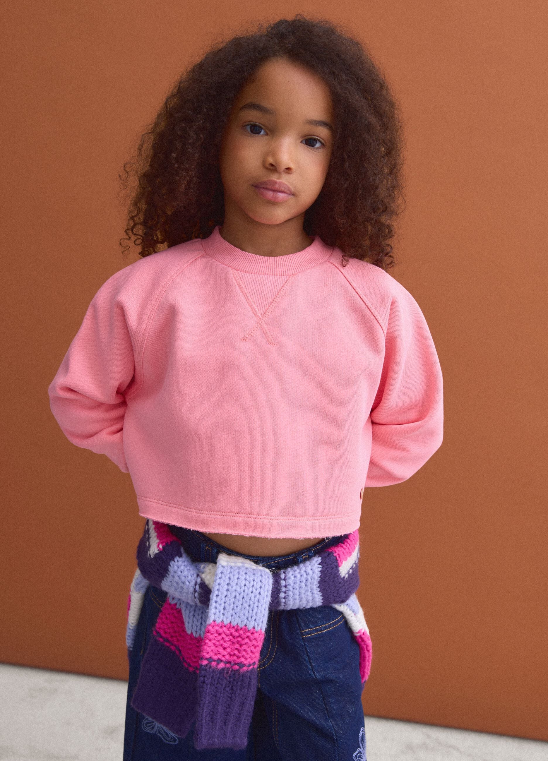 Pink cropped cotton-blend crew-neck sweatshirt, relaxed fit for girls