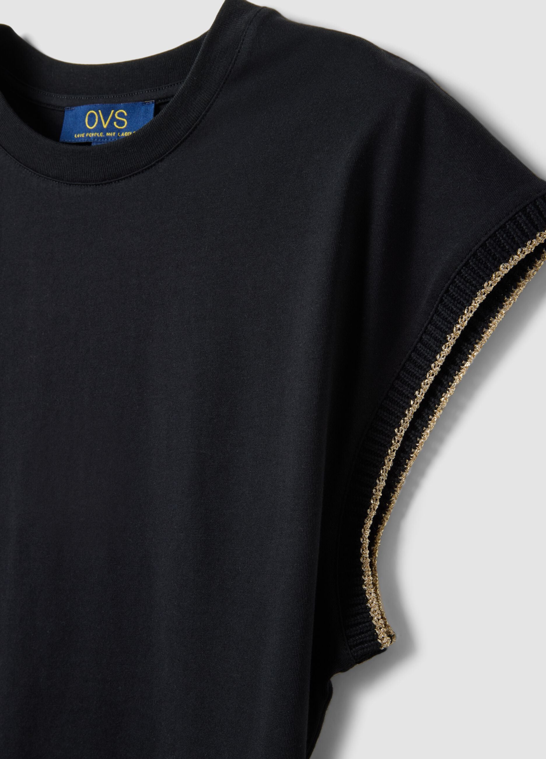 Black sleeveless pure cotton T-shirt, regular fit