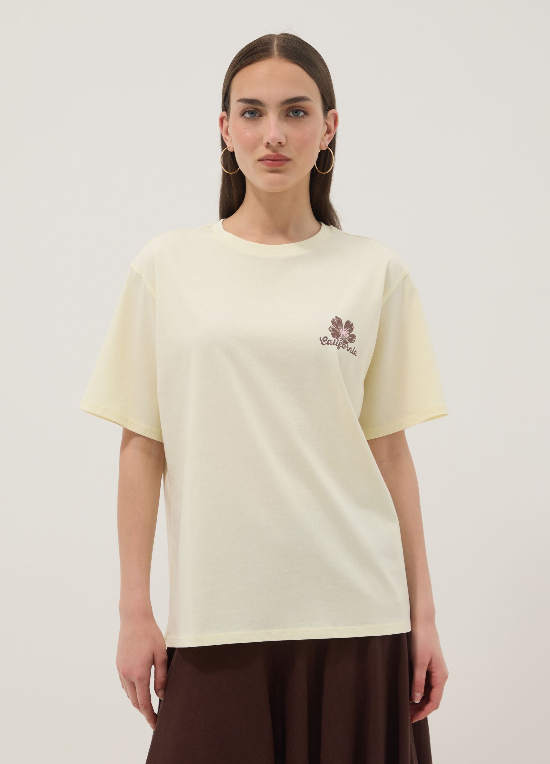 Yellow pure cotton T-shirt with contrast print, relaxed fit
