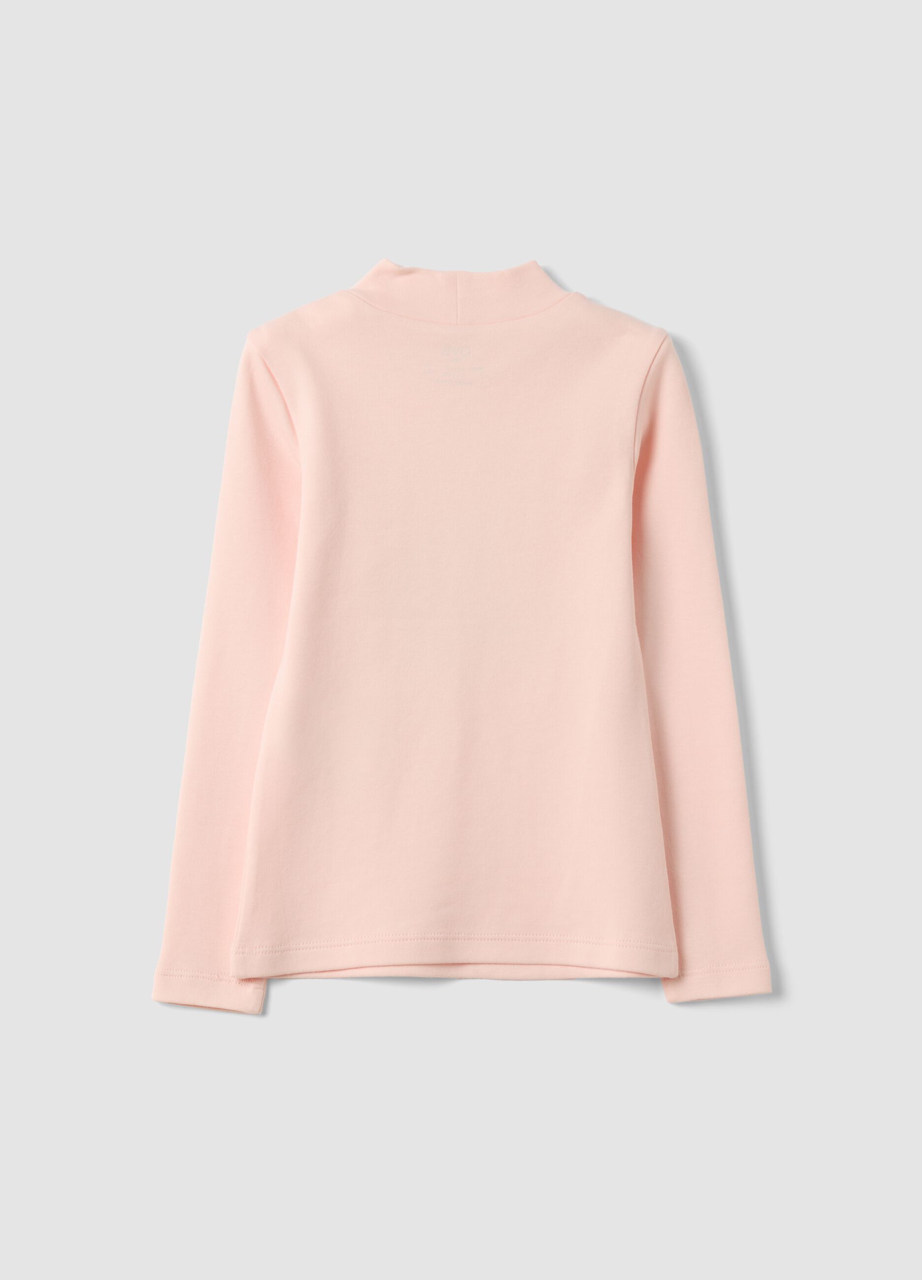 Pink organic cotton T-shirt with mock neck and teddy bear print