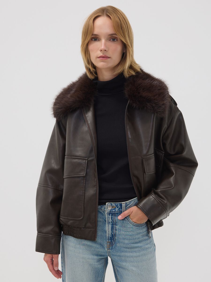 Brown viscose-blend parka with contrasting collar_1