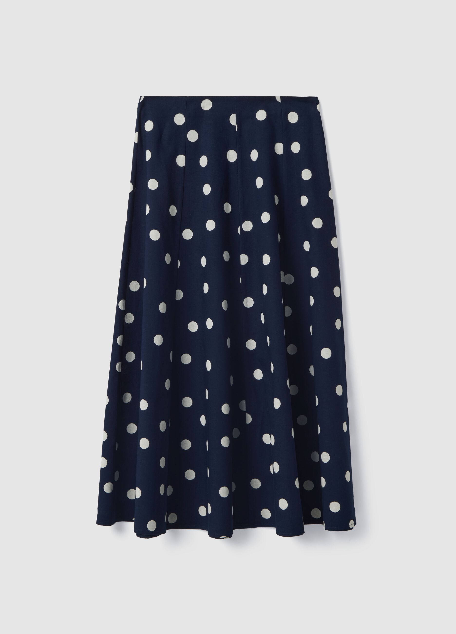 Long blue skirt with white polka dots in cotton and linen blend