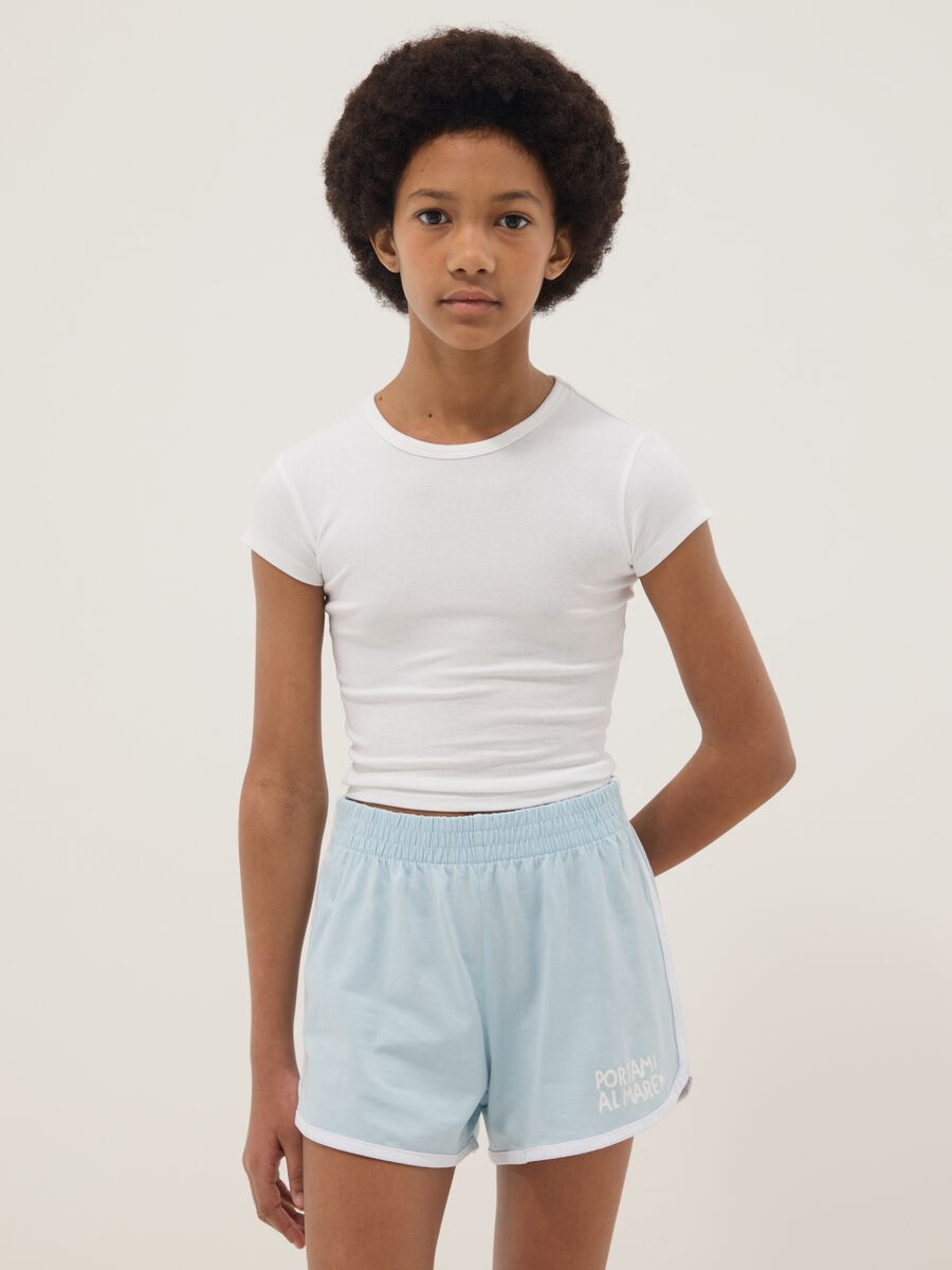 T-shirt fitted in cotone elasticizzato bianca da ragazza_0