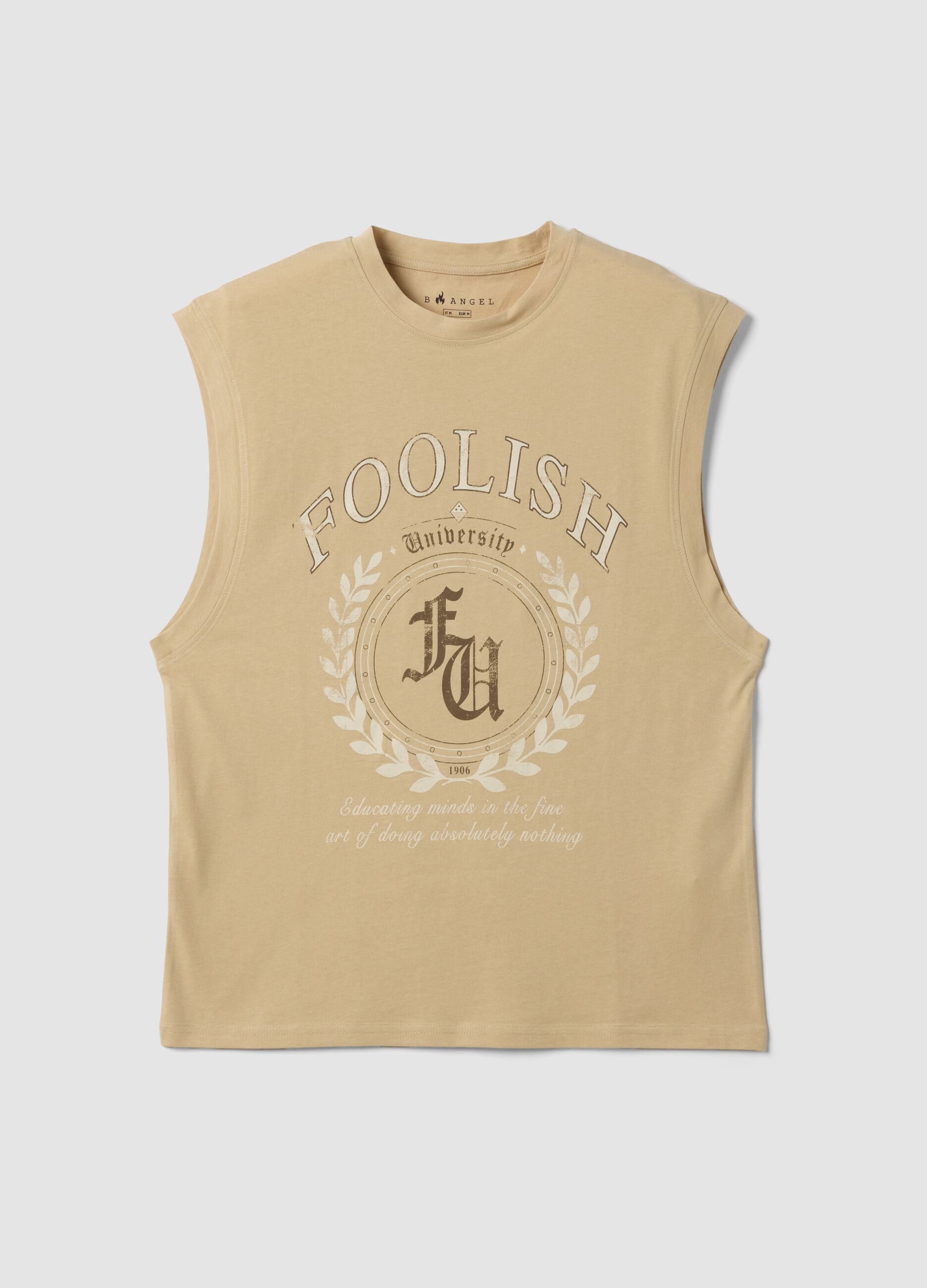 Beige pure cotton tank top with front print