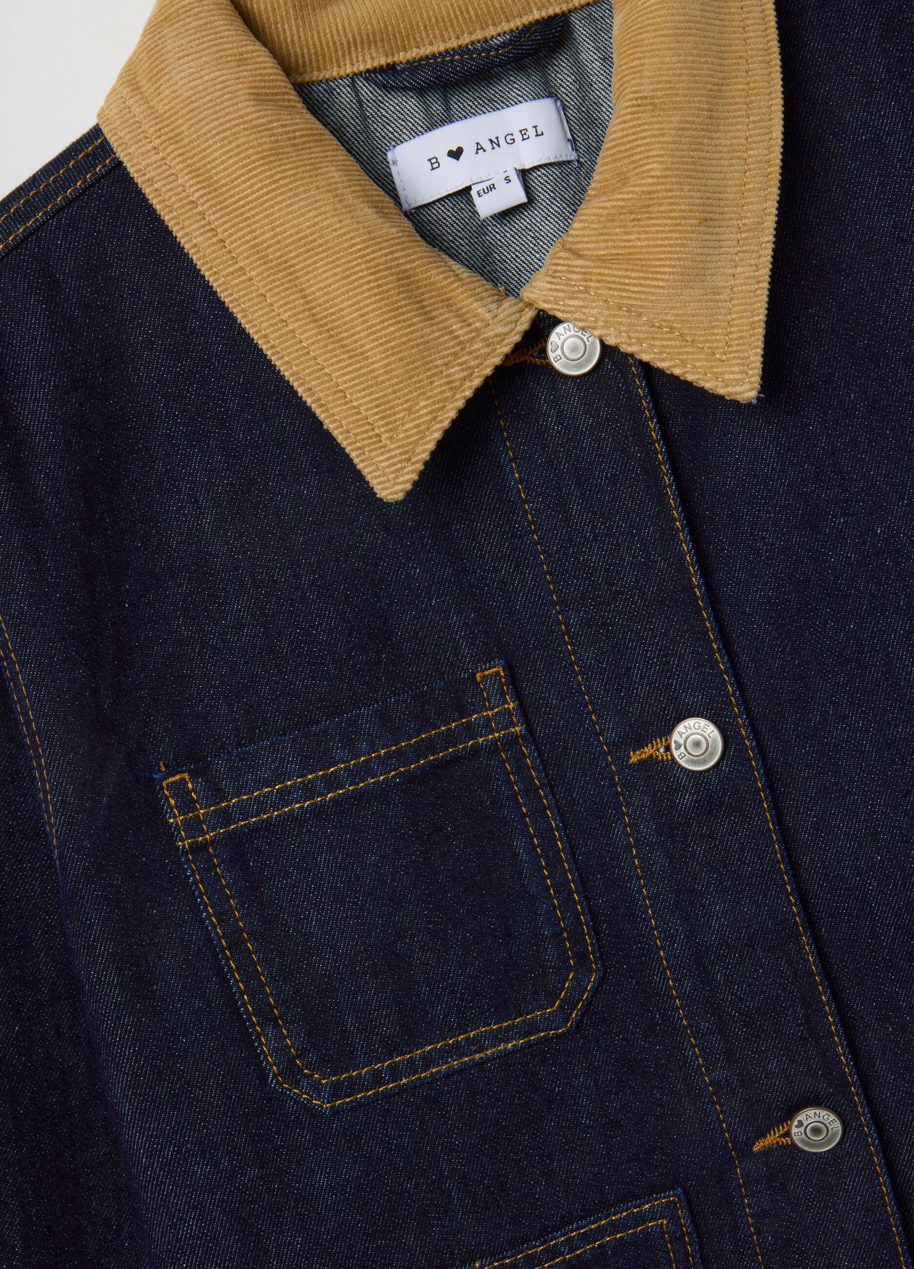 Pure cotton blue regular fit jacket with contrasting collar and pockets