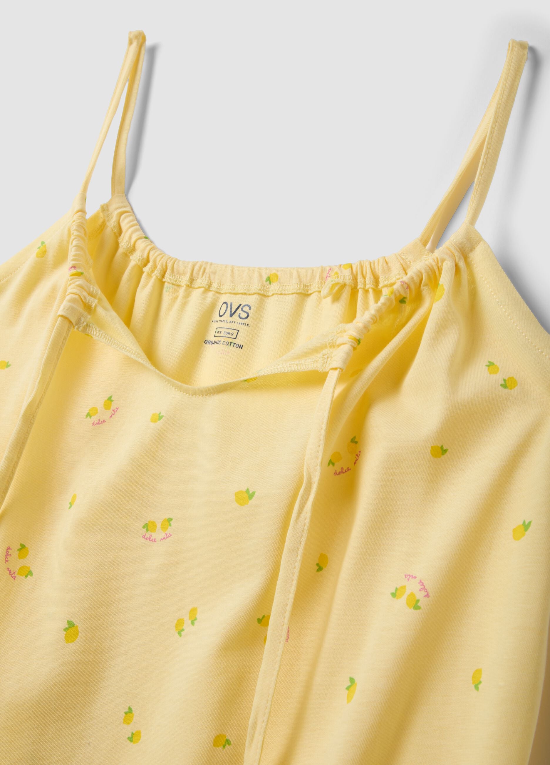Yellow pure cotton nightdress with straps and lemon print