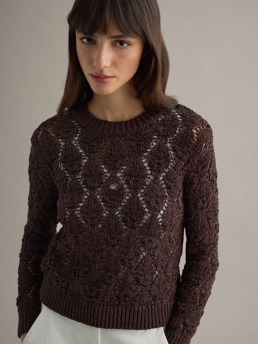 Brown regular fit cotton-blend jumper with a knitted pattern_2