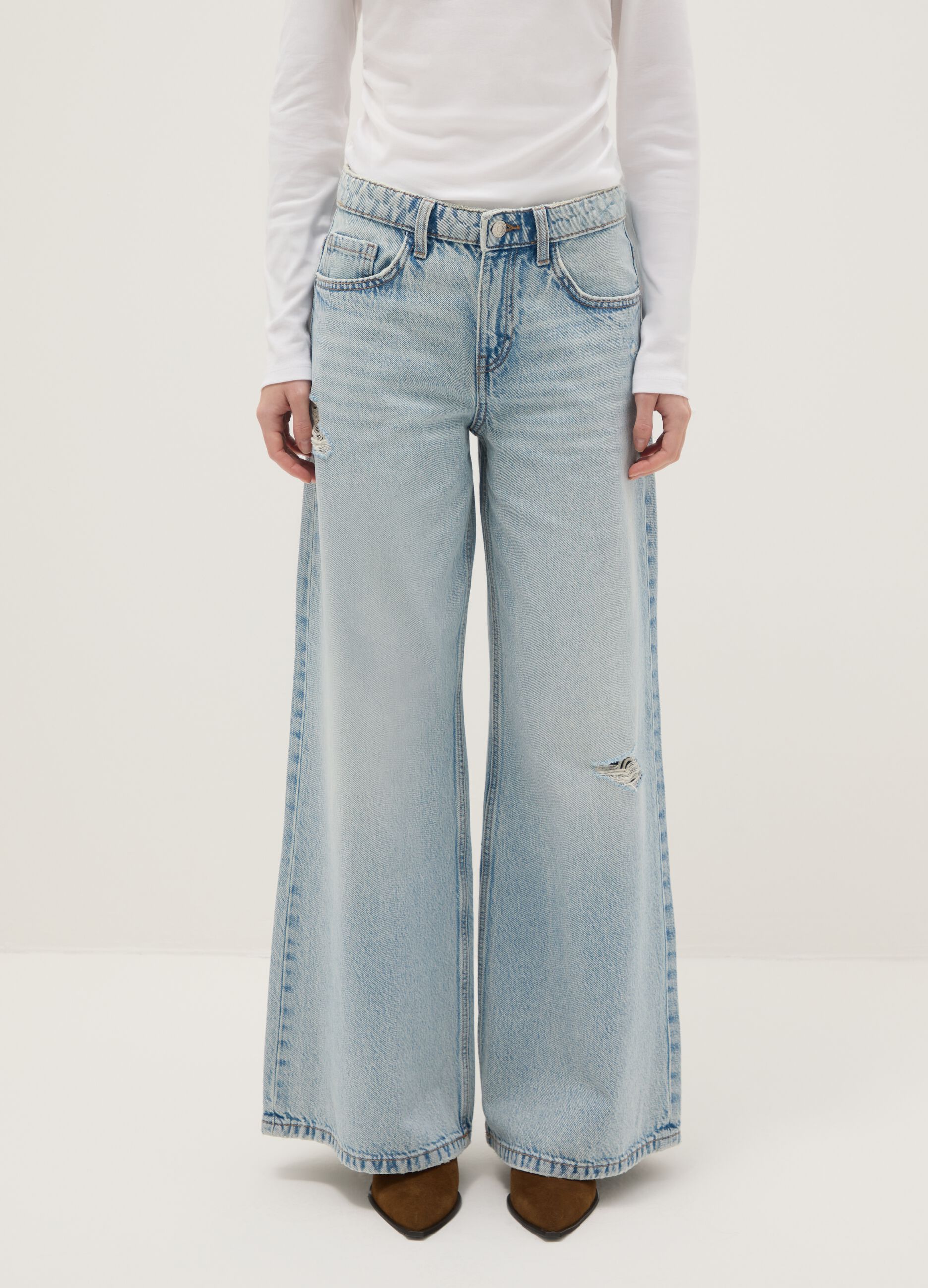 Blue wide leg pure cotton jeans with rips