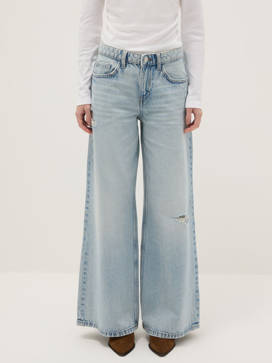Blue wide leg pure cotton jeans with rips_1