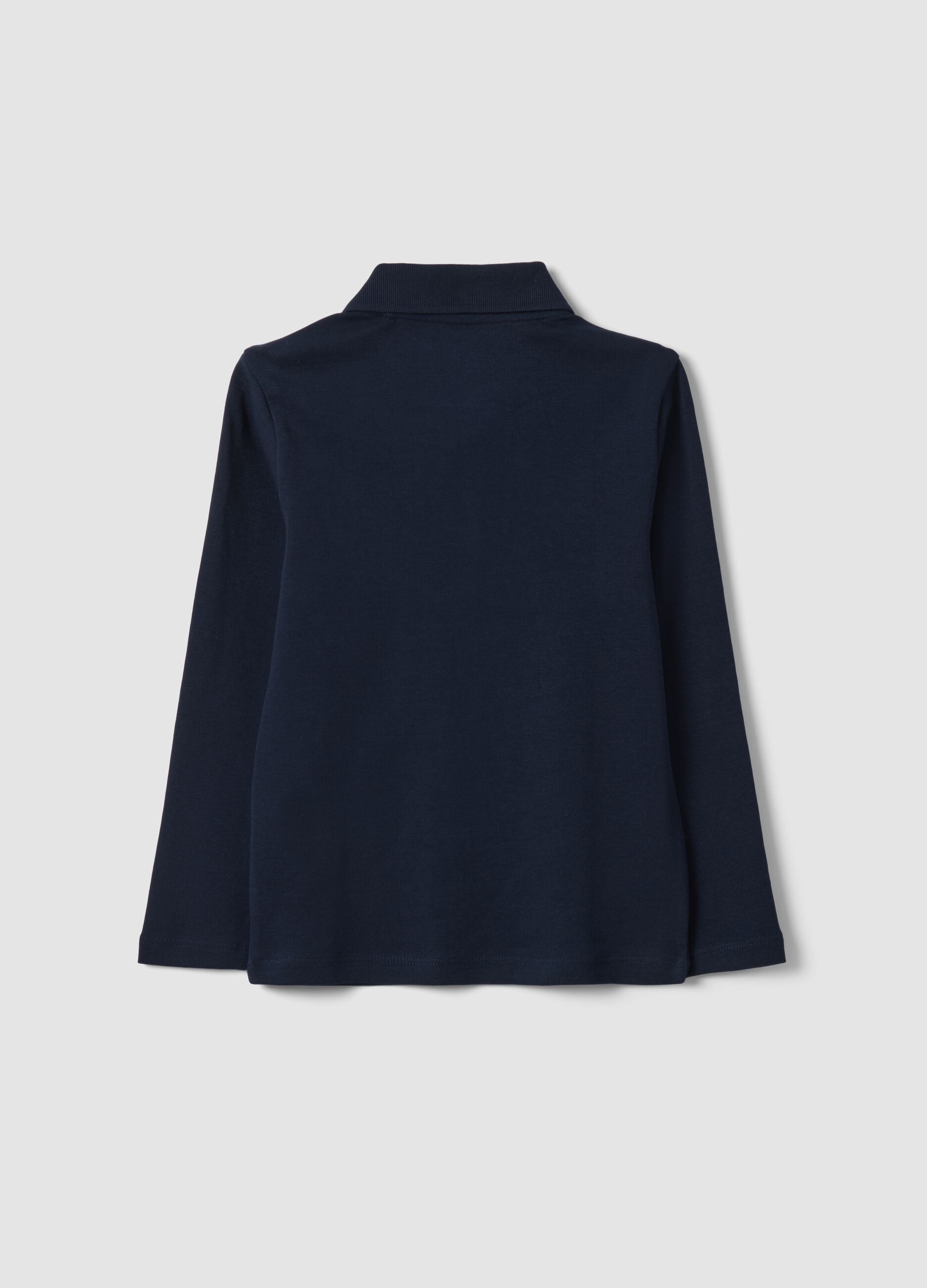 Blue long-sleeve polo shirt in pure organic cotton