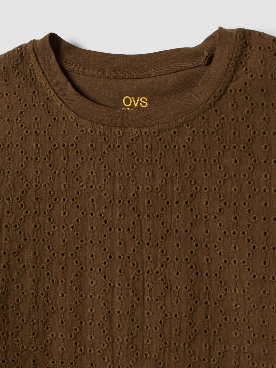 Brown pure cotton T-shirt with broderie anglaise embroidery_5