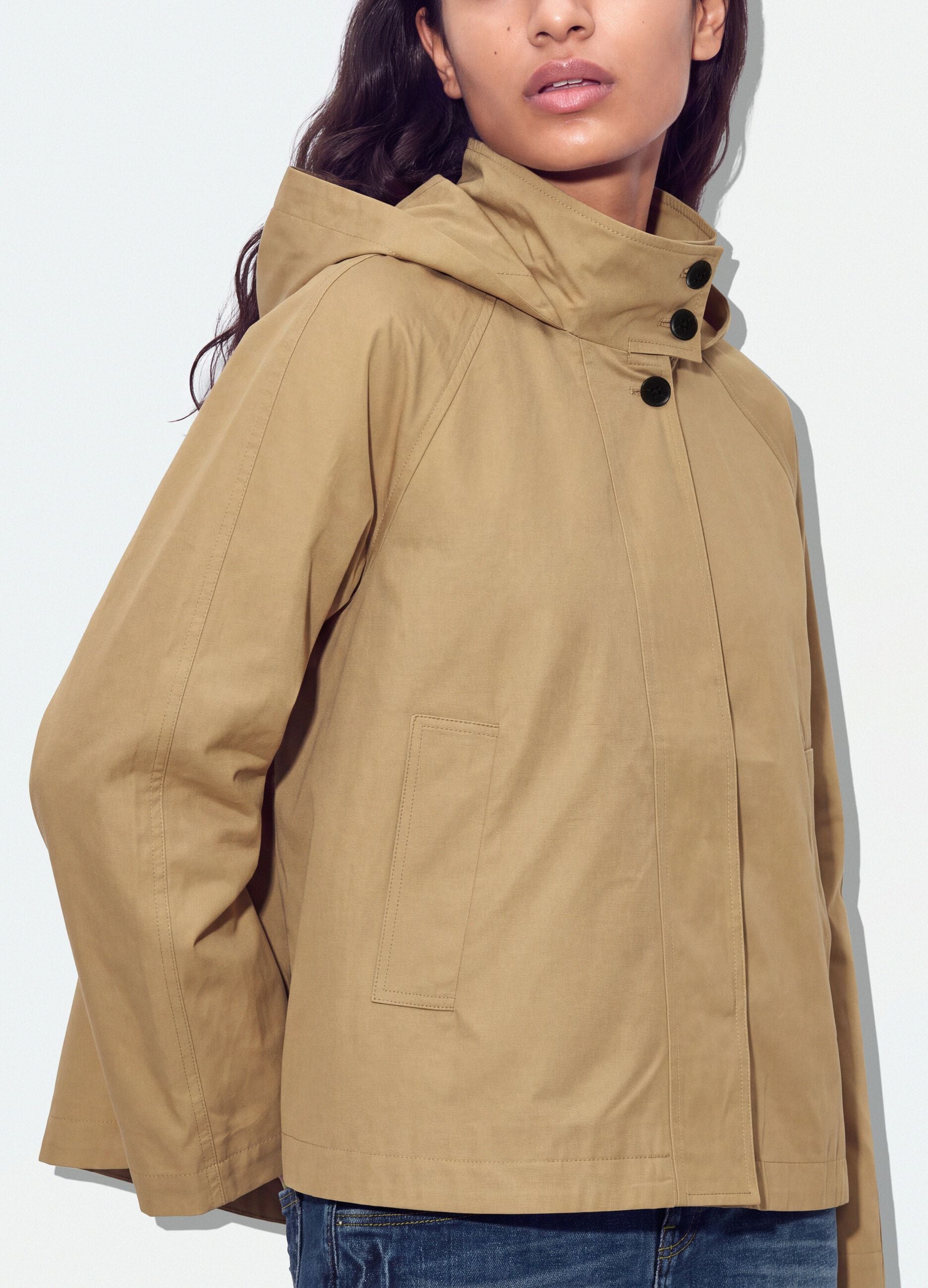 Beige cotton-blend parka with hood, regular fit