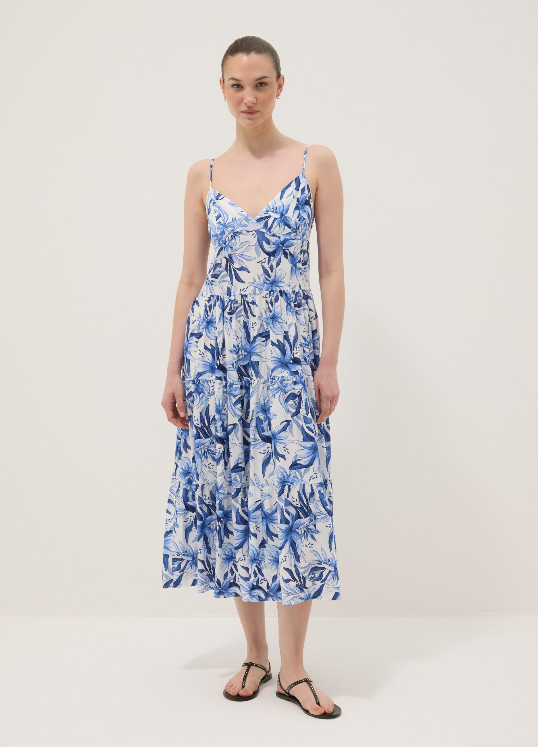 Blue and white pure viscose maxi dress with floral print
