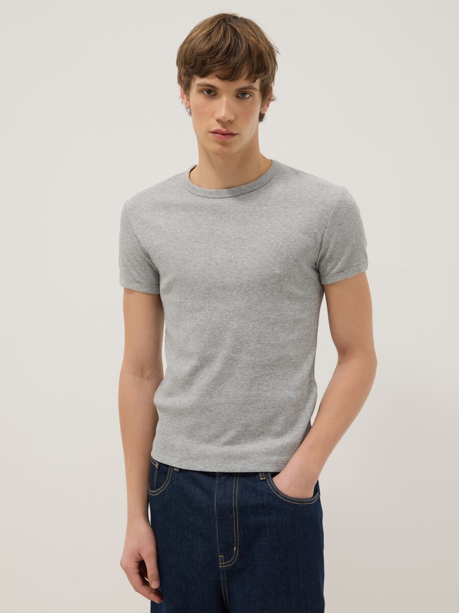 Grey slim fit stretch cotton T-shirt_0