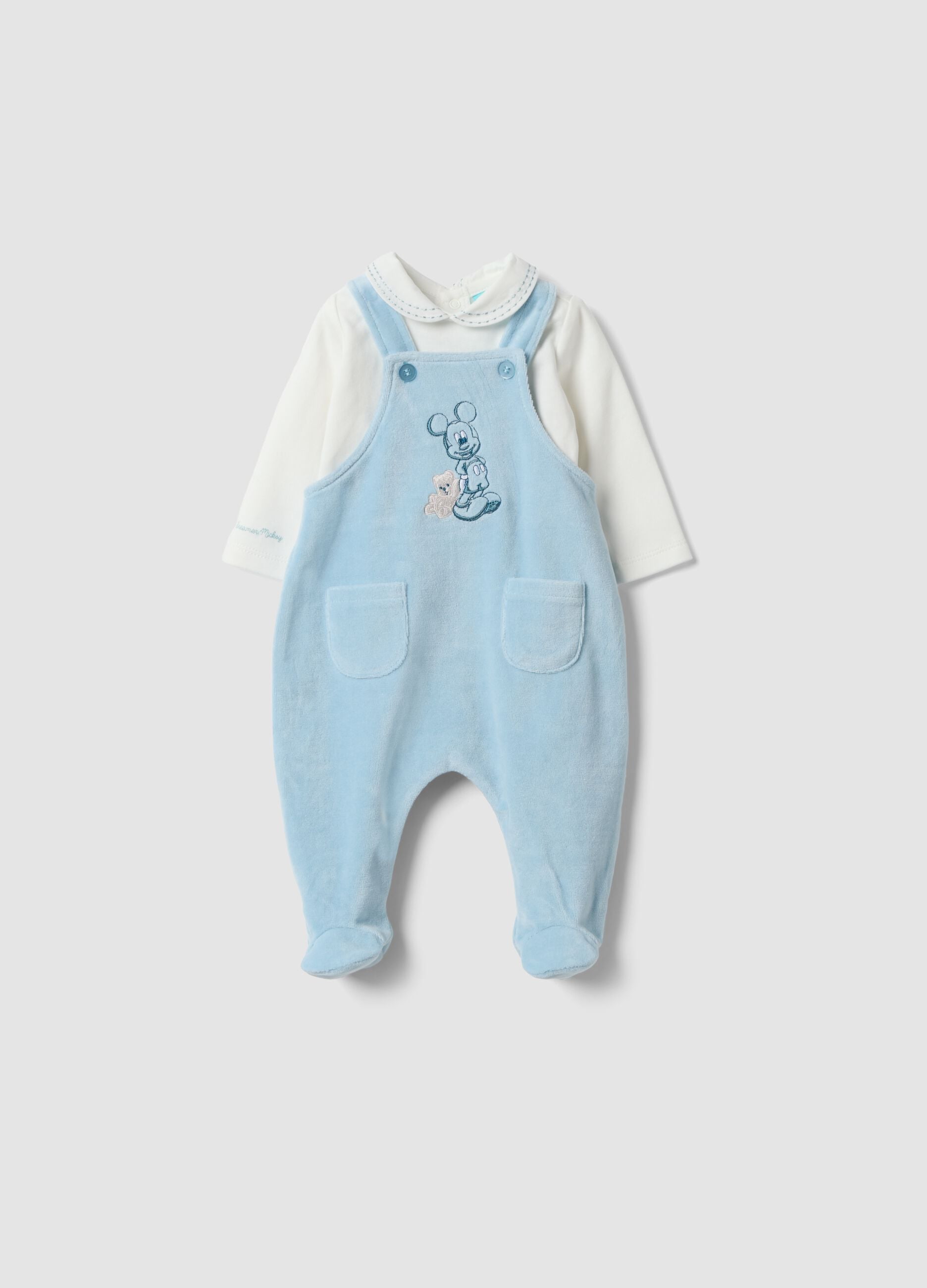 Blue and white organic cotton-blend set with Mickey embroidery for baby