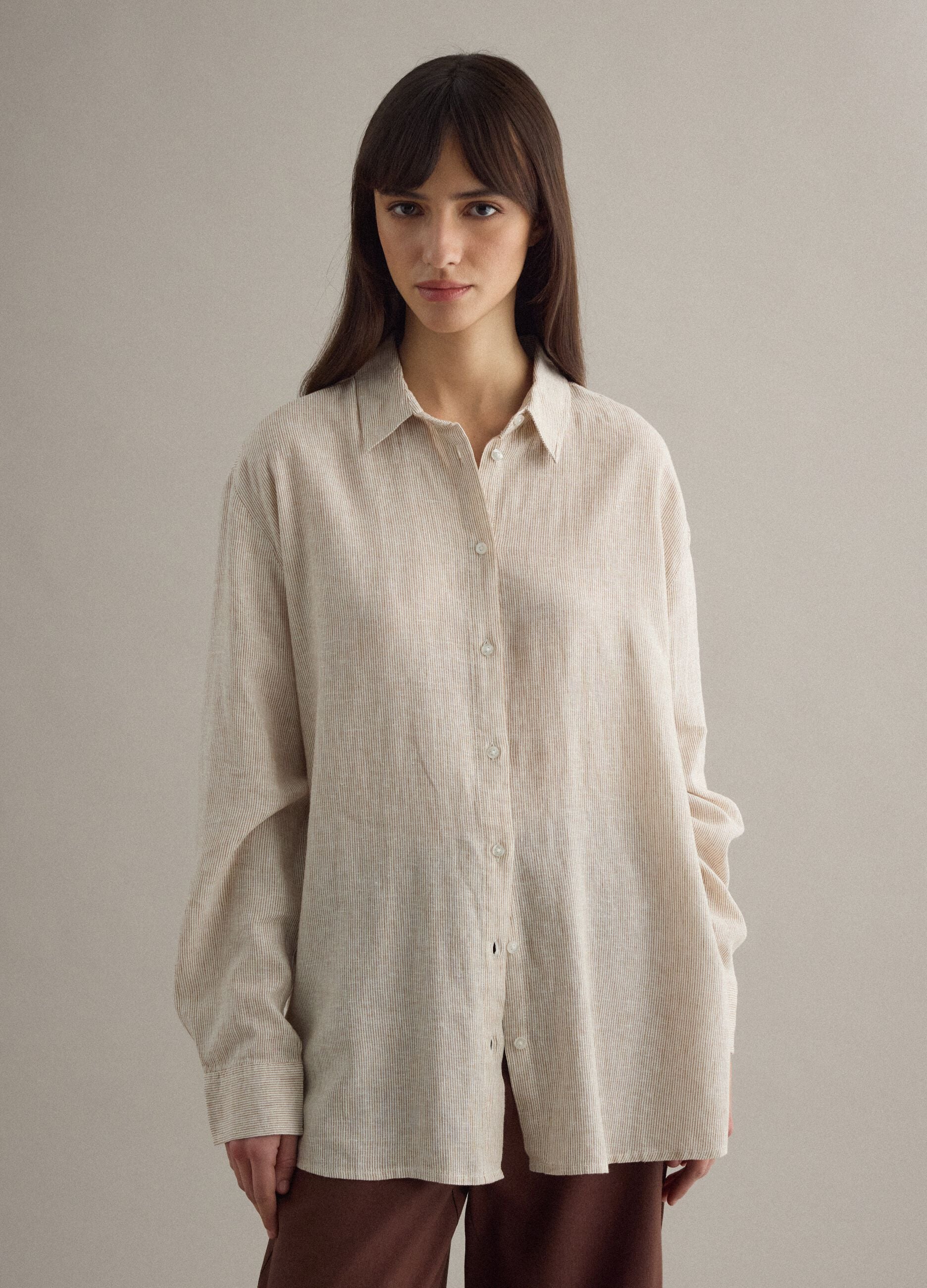 Multicoloured striped linen blend shirt with regular fit