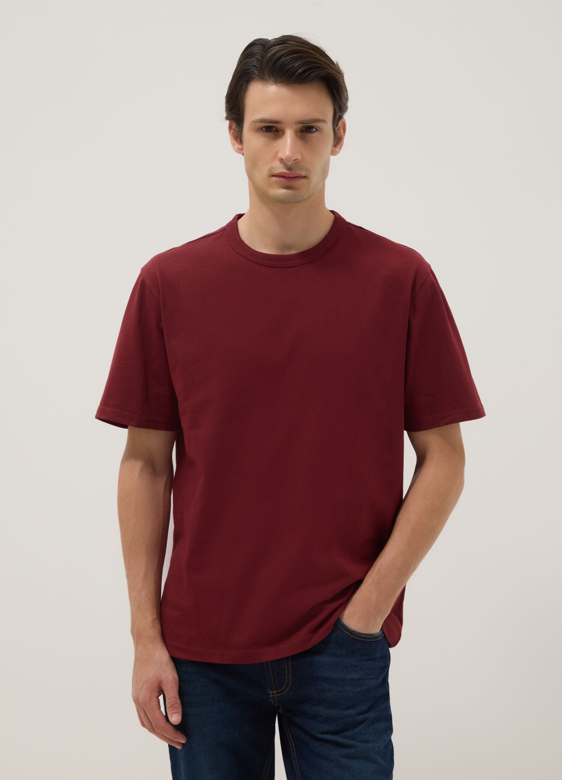 Red pure cotton crew neck T-shirt with relaxed fit