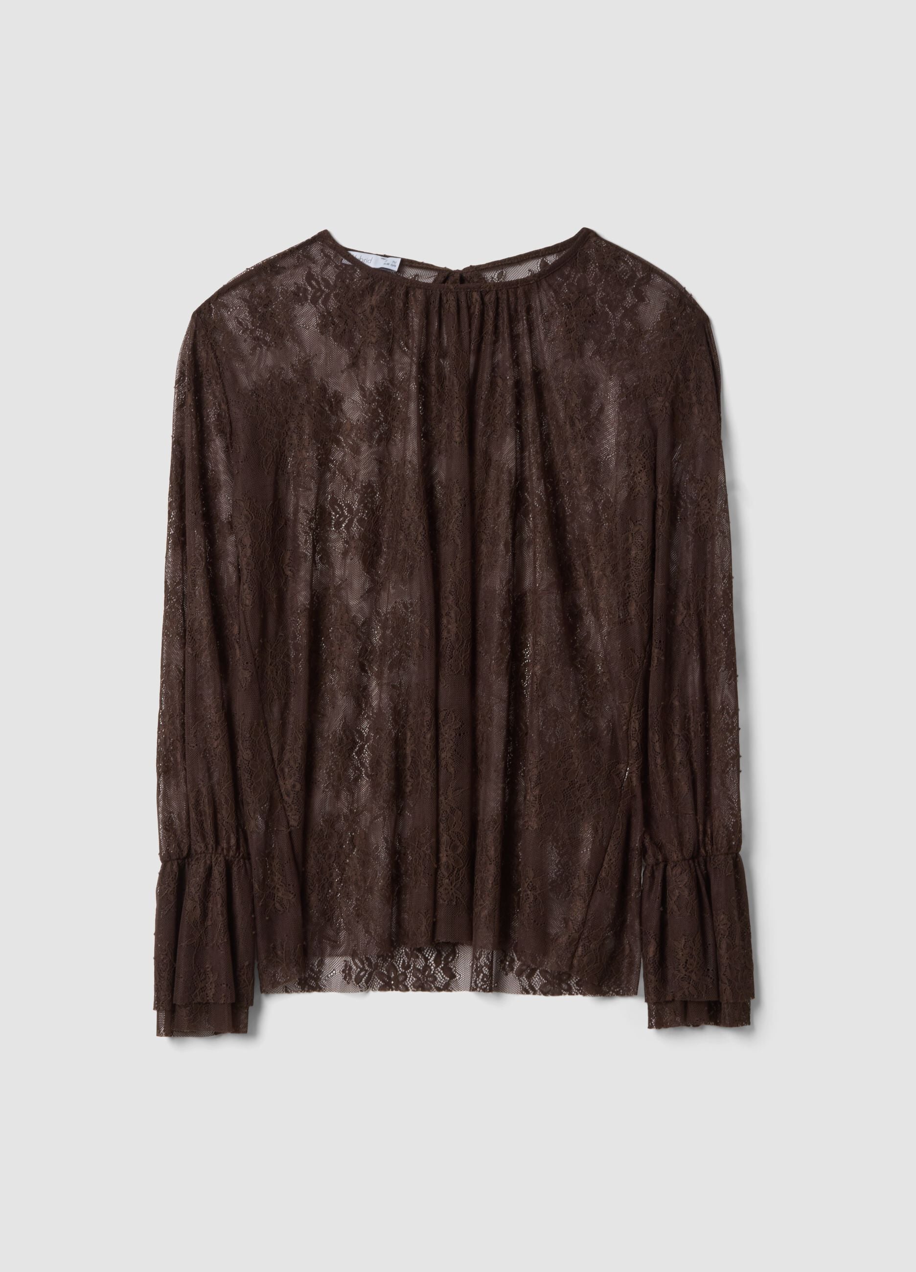 Brown stretch lace blouse with regular fit