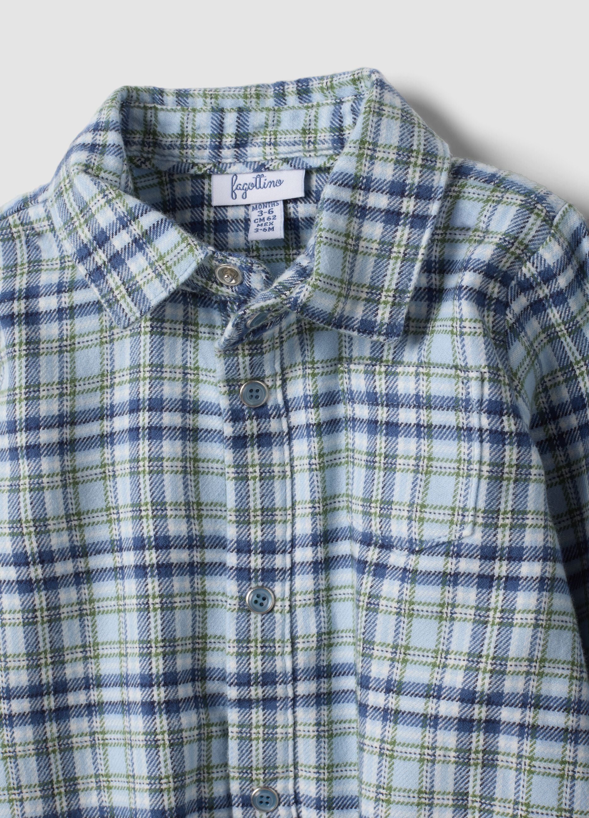 Blue checked pure cotton baby bodysuit with collar