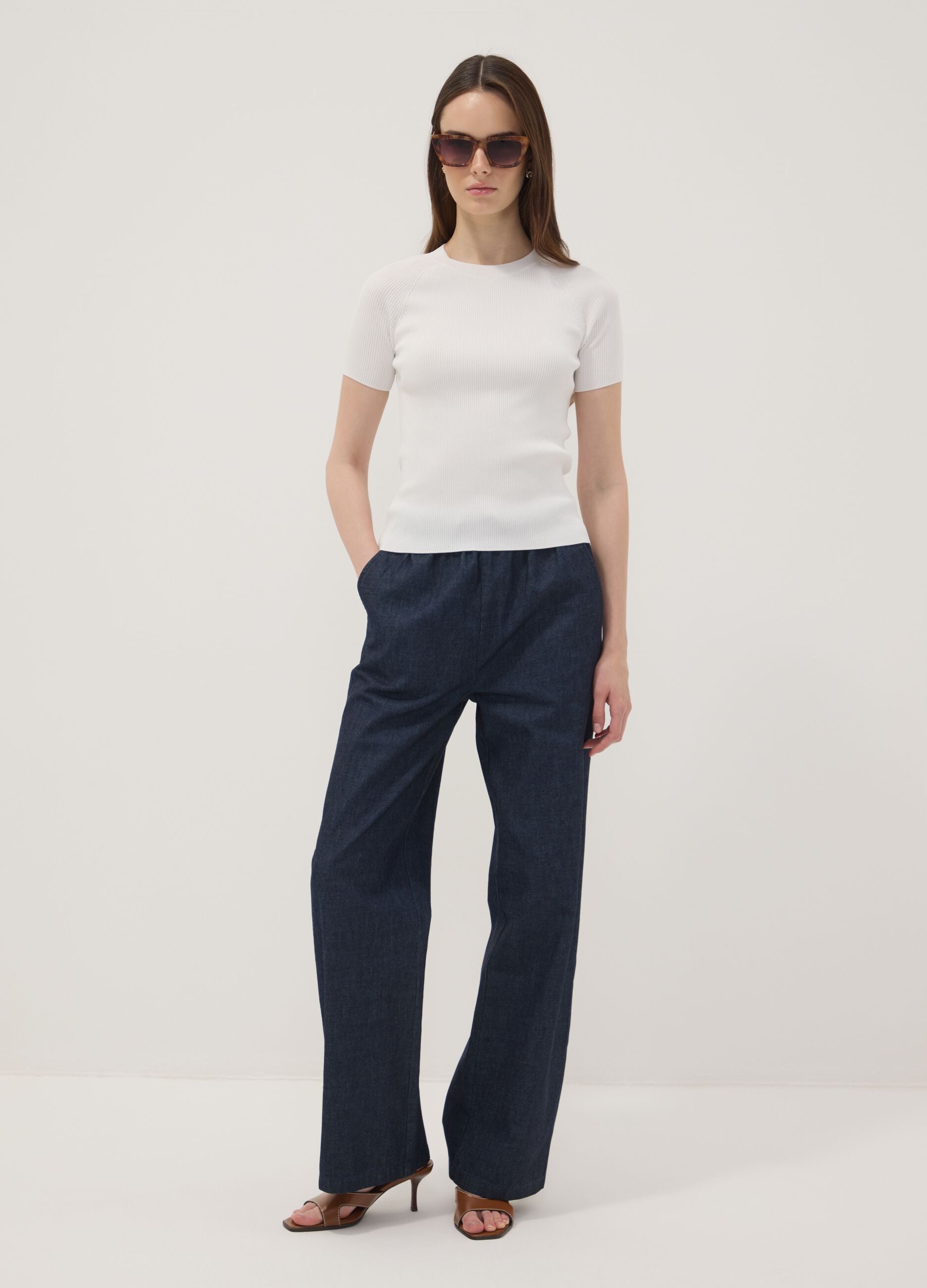 Blue pure cotton wide-leg denim trousers with drawstring