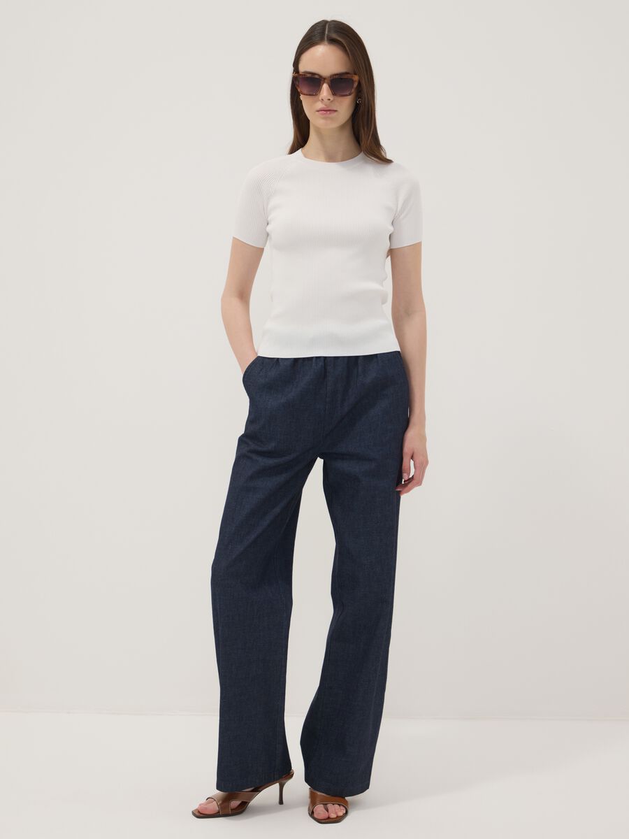 Blue pure cotton wide-leg denim trousers with drawstring_0