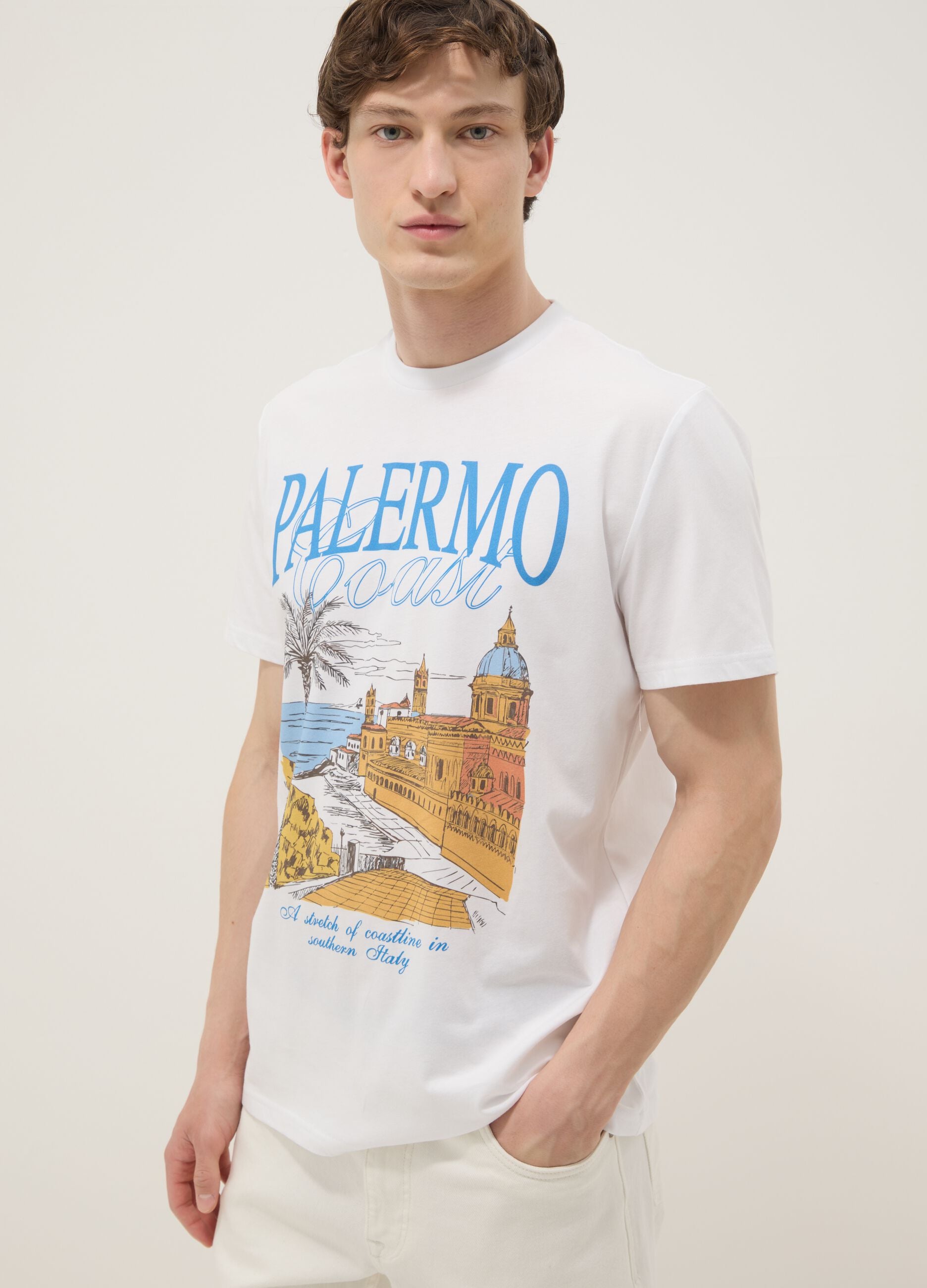 White pure cotton T-shirt with front print, regular fit