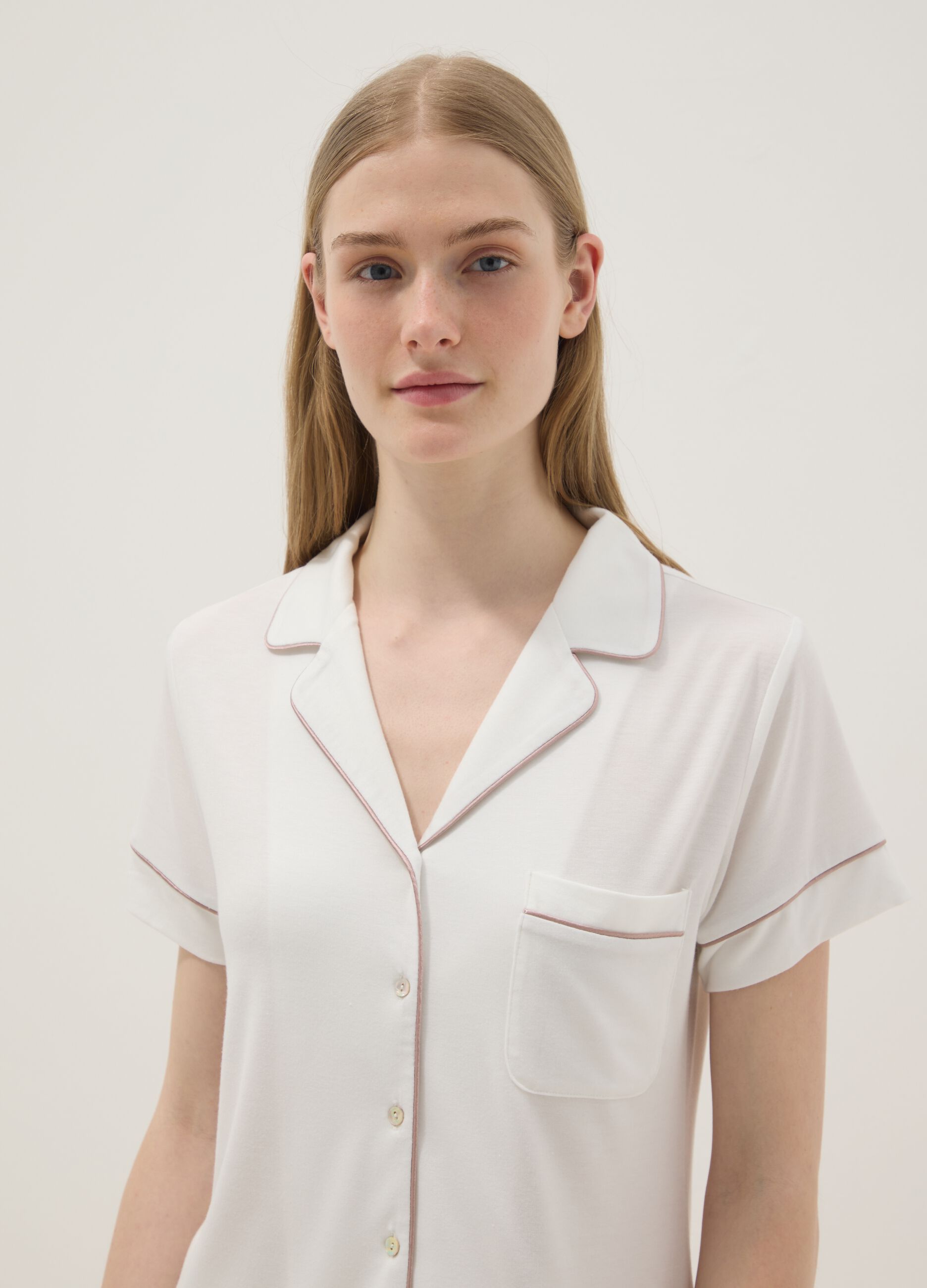 Regular fit white stretch viscose blend pyjama top