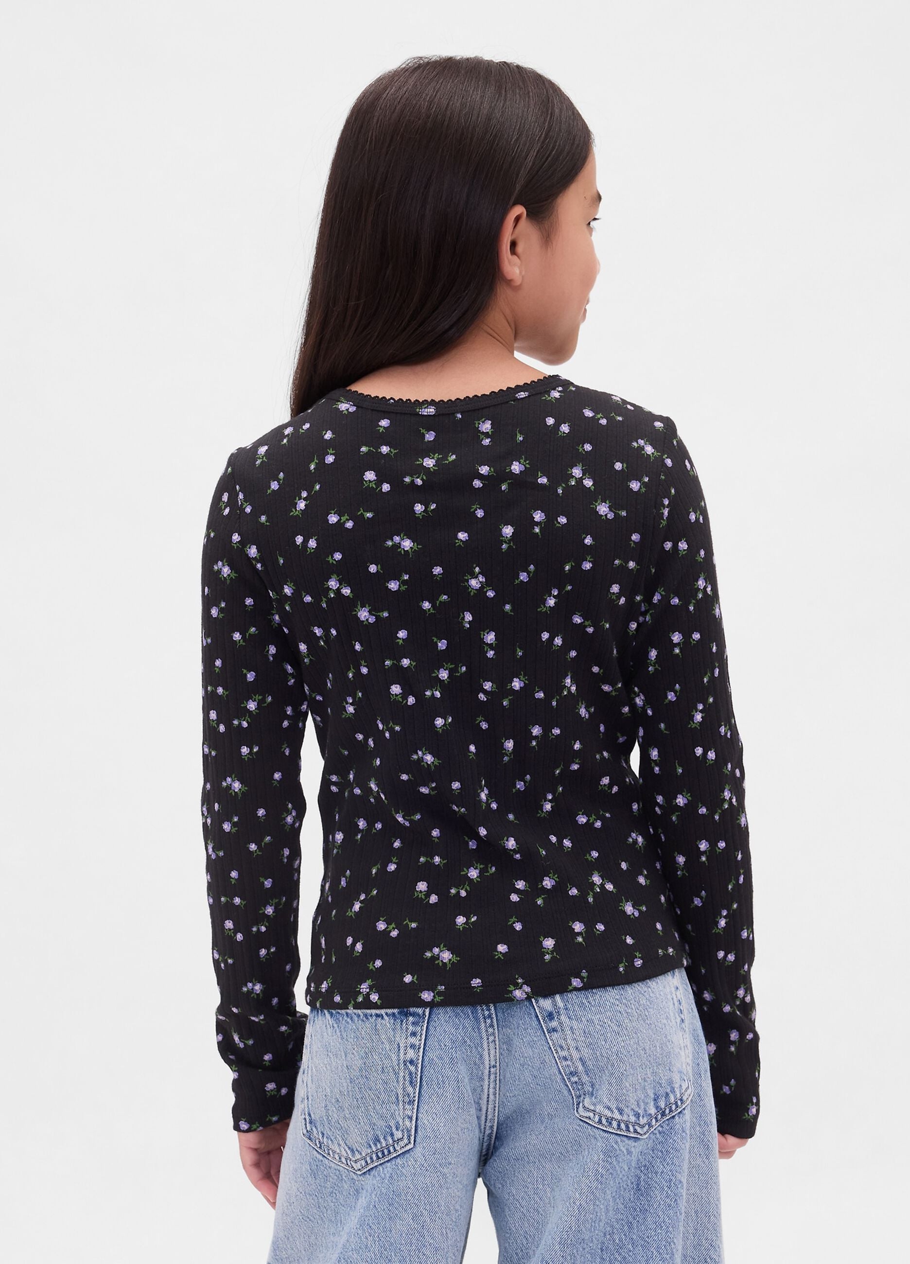 Long-sleeved black cotton shirt with floral print