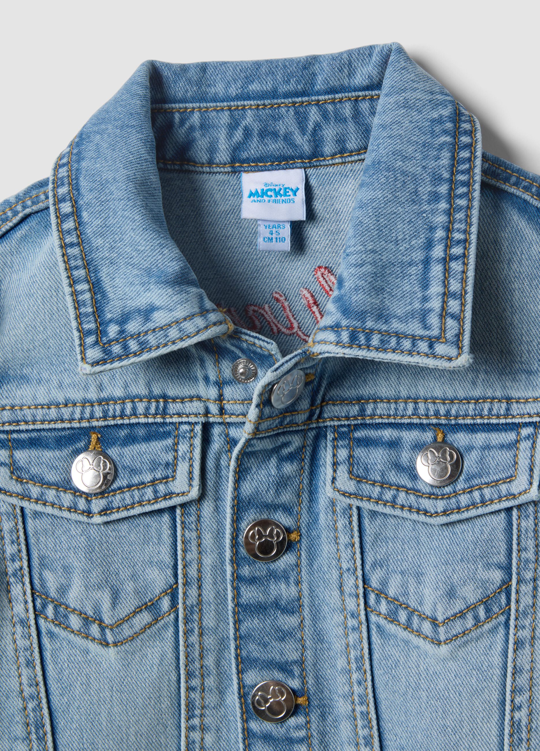 Regular fit blue denim vest for girls with Minnie, made of pure cotton
