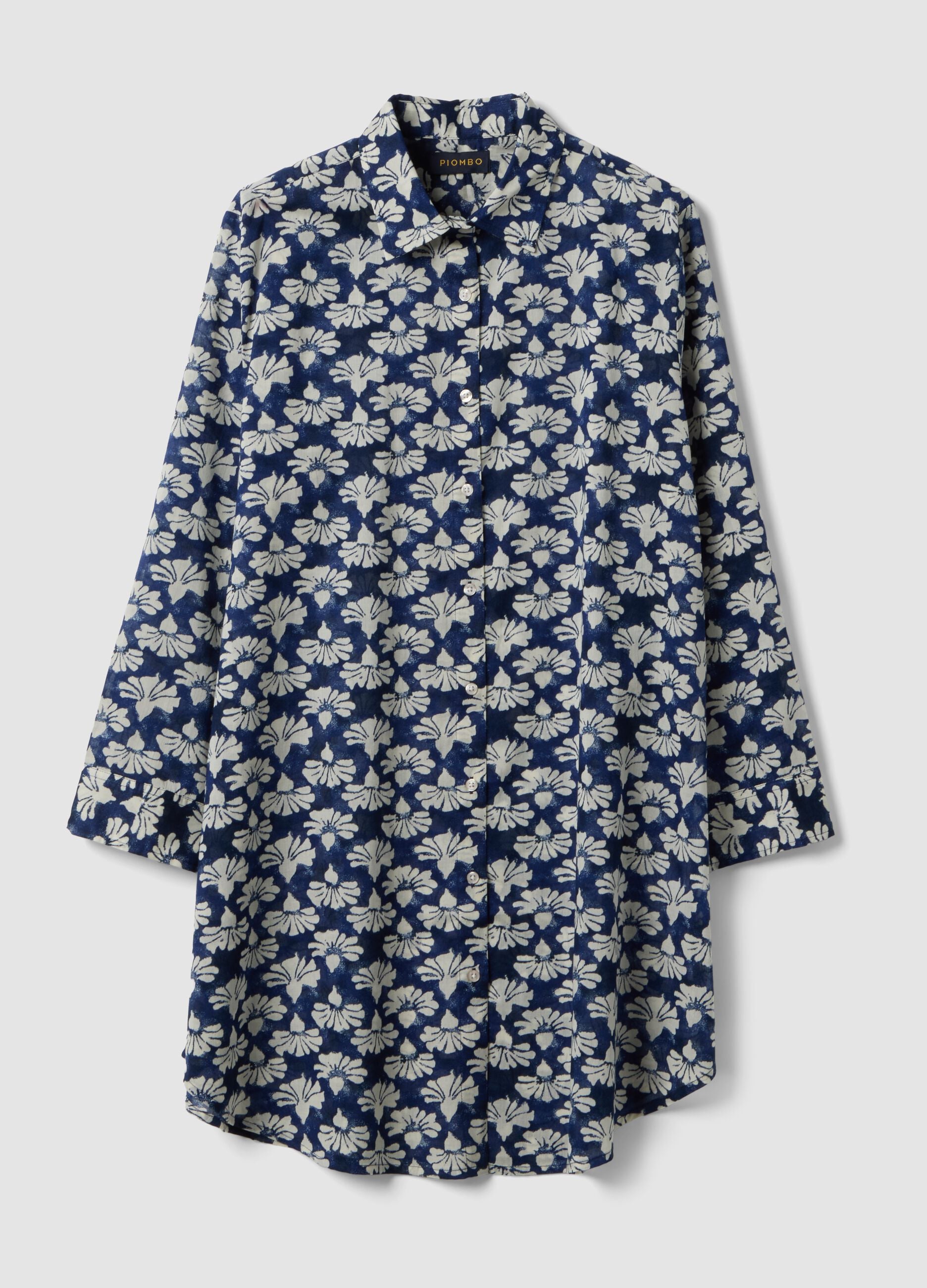 Blue long pure cotton shirt with floral print
