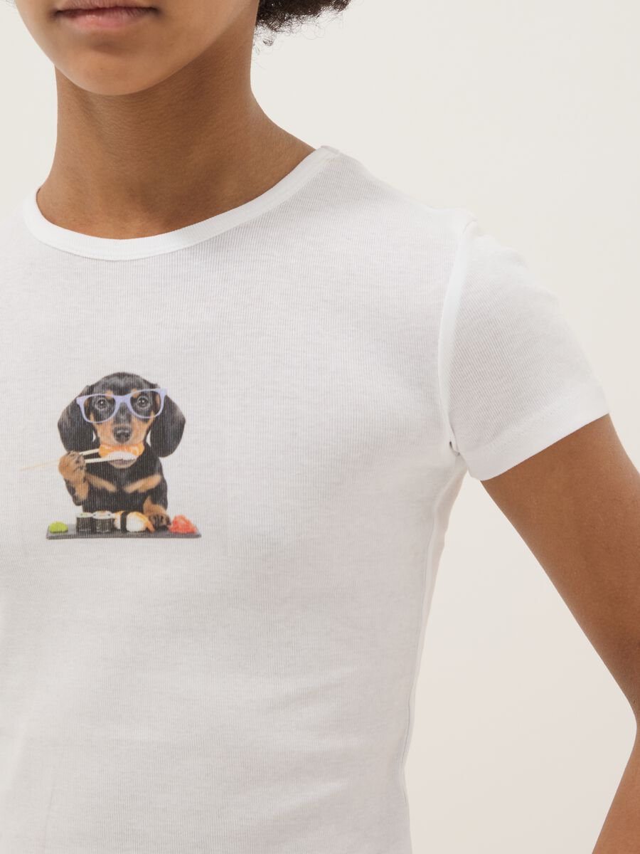 Girls&rsquo; white pure cotton slim-fit T-shirt with dog print_2