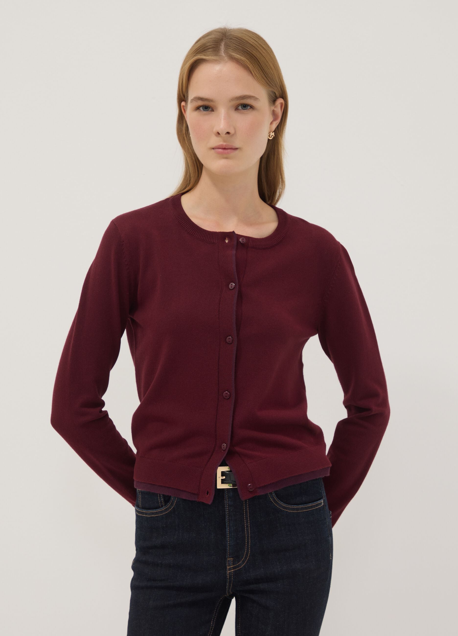 Red viscose-blend cardigan in plain knit