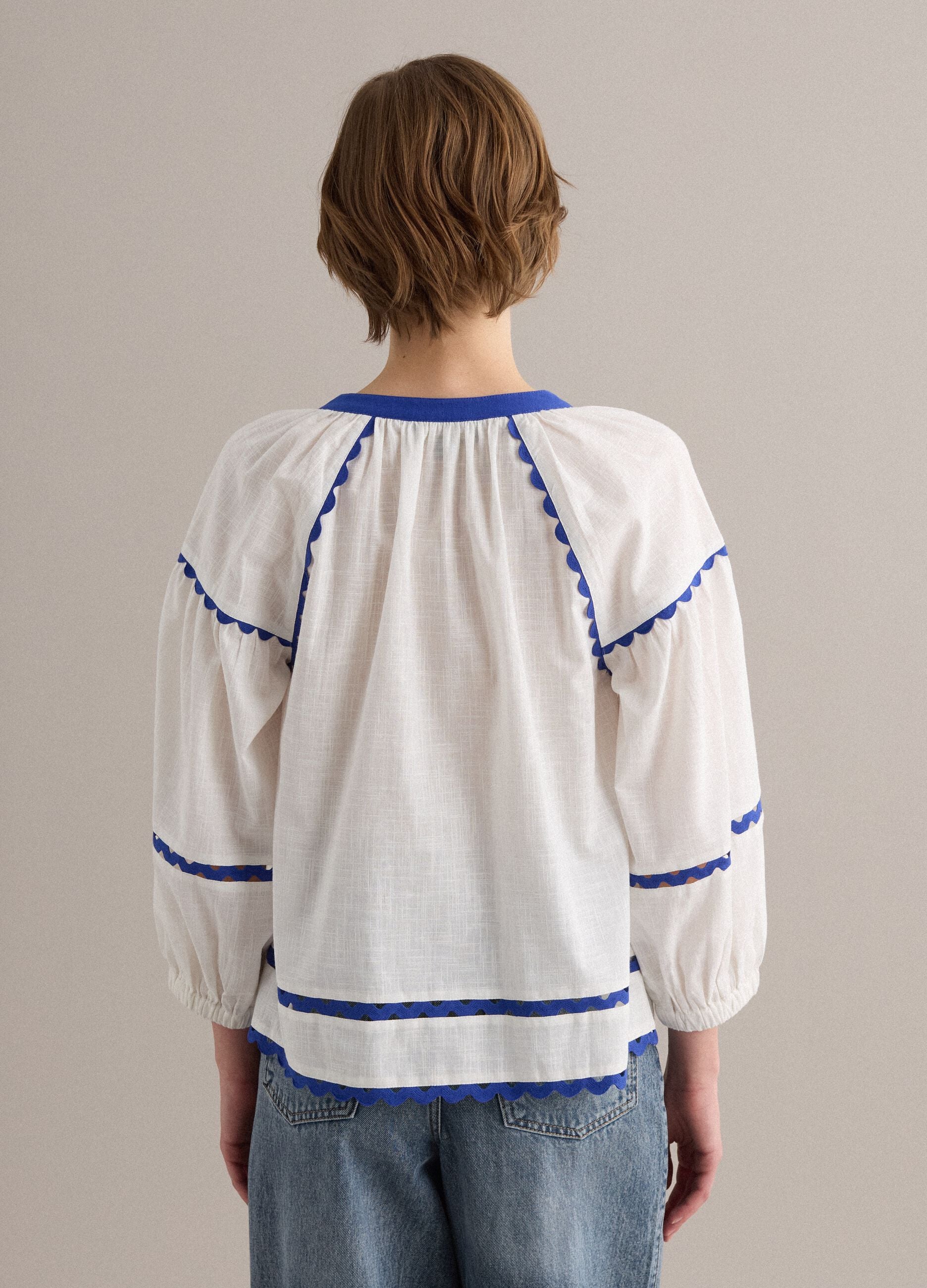 White pure cotton blouse with blue piping, regular fit