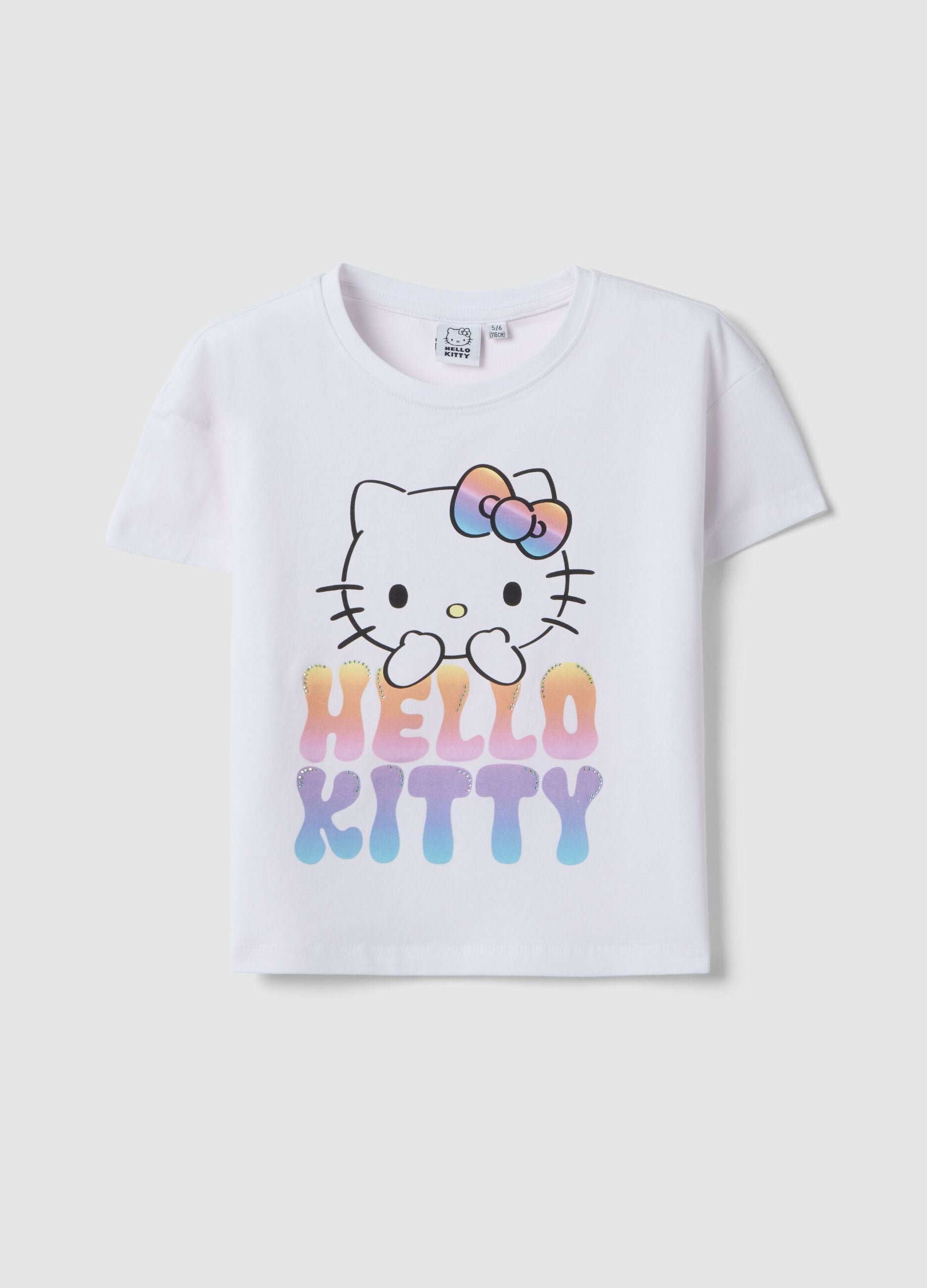 Girls' White Stretch Cotton T-shirt with Hello Kitty