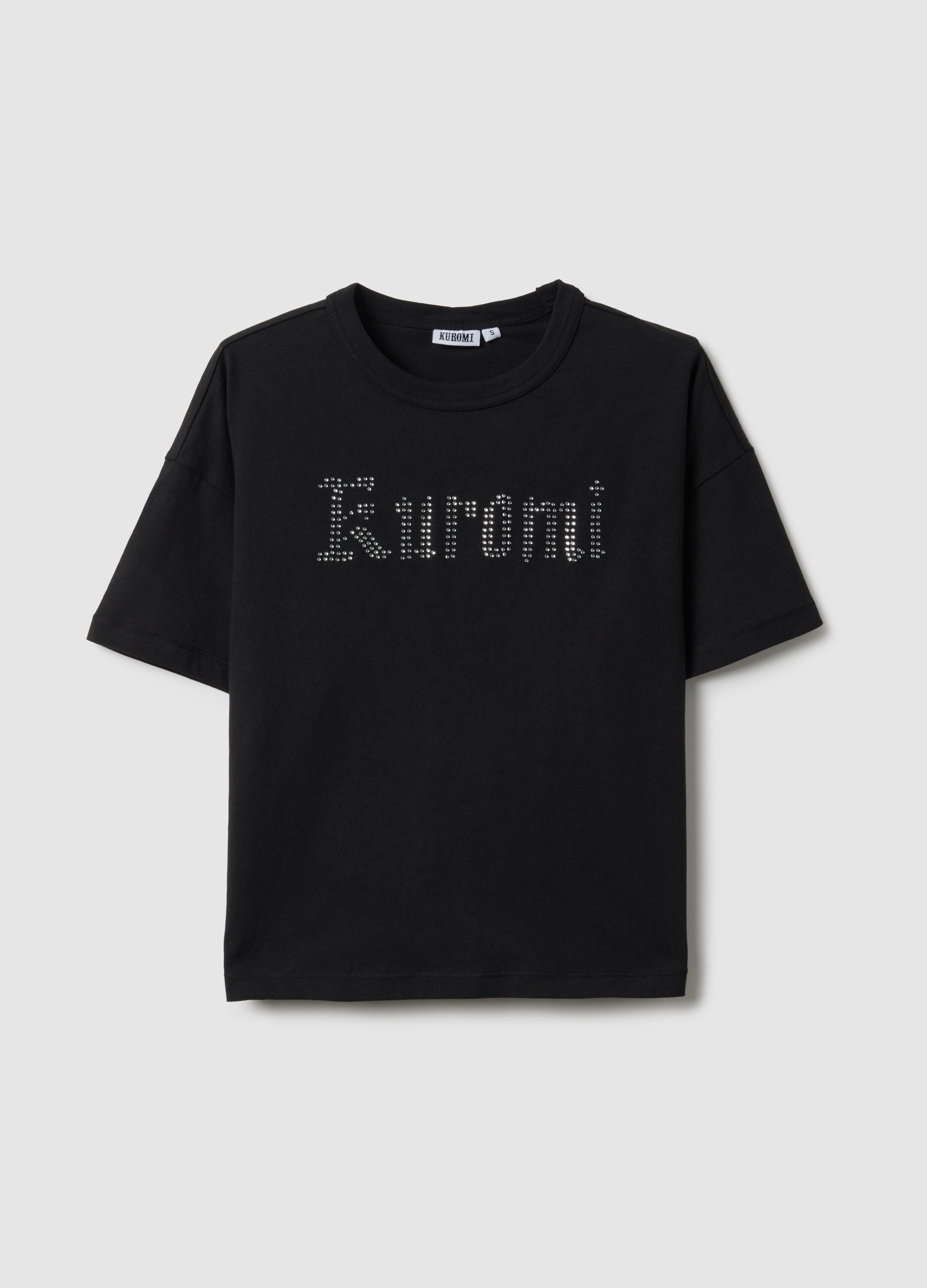 Regular fit black pure cotton T-shirt with Kuromi print and rhinestones