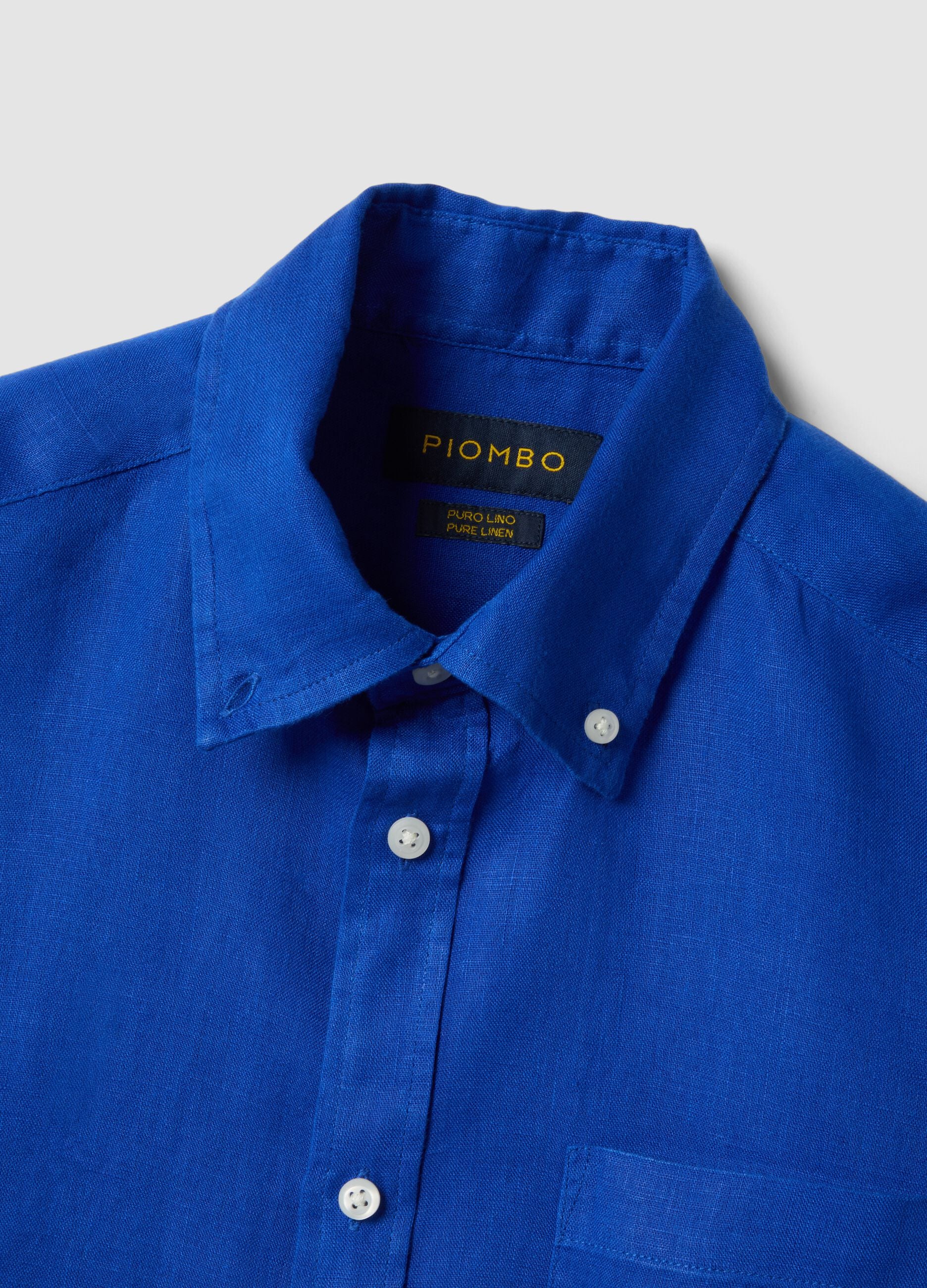 Blue pure linen shirt with button-down collar, regular fit