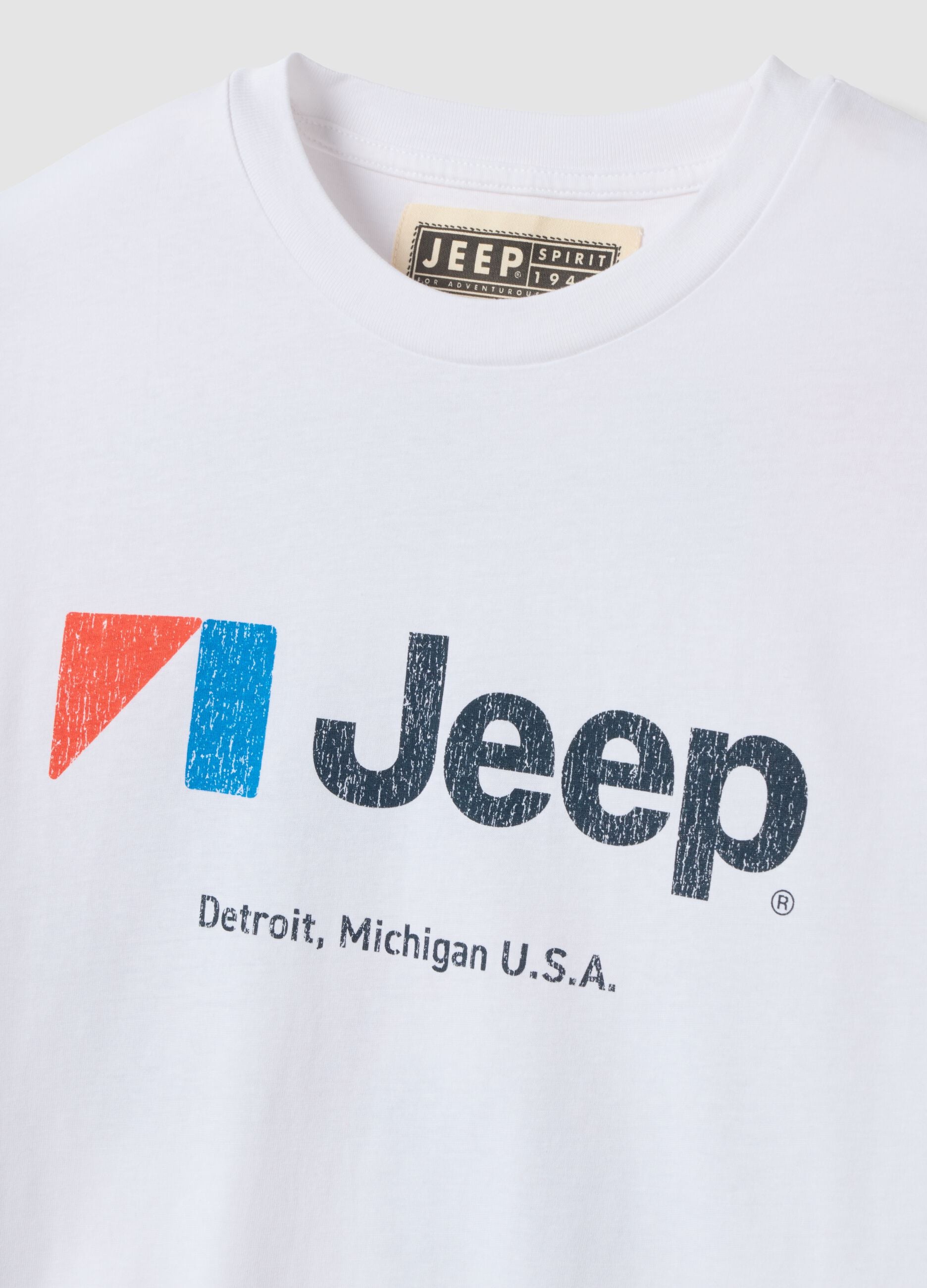 White pure cotton crew-neck T-shirt with Jeep print