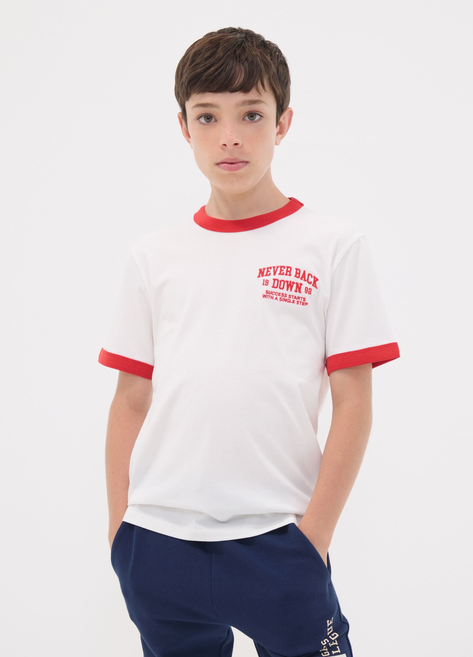 White pure organic cotton T-shirt with print, relaxed fit, for boys