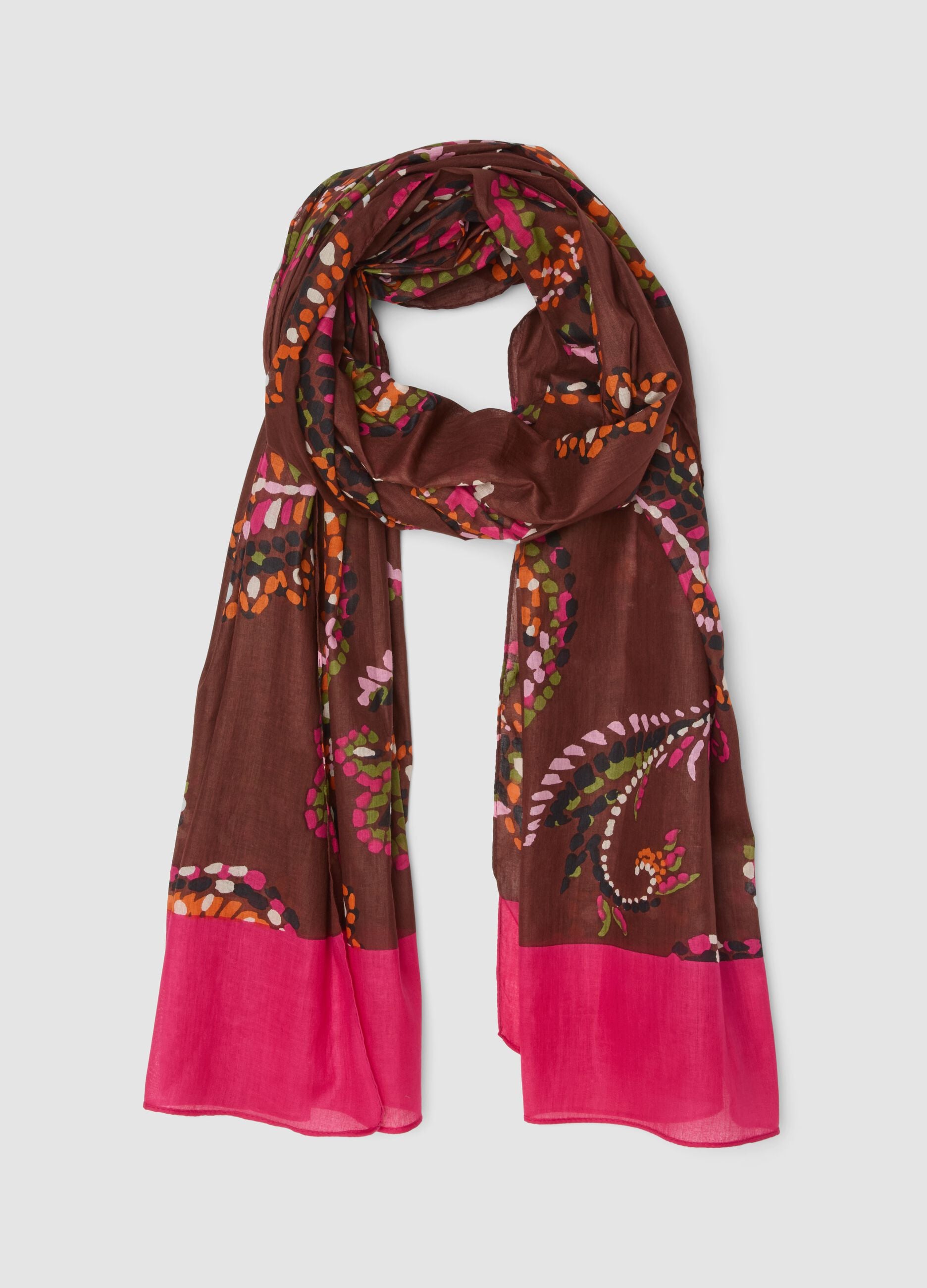 Foulard marrone e rosa in puro cotone con fantasia floreale