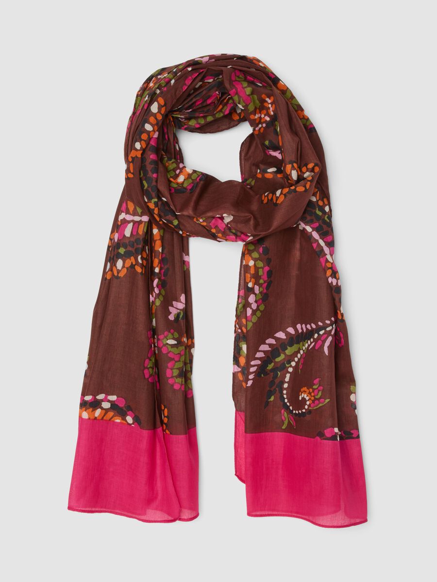 Foulard marrone e rosa in puro cotone con fantasia floreale_0