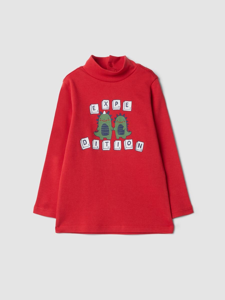 Red organic cotton T-shirt with raised collar_0