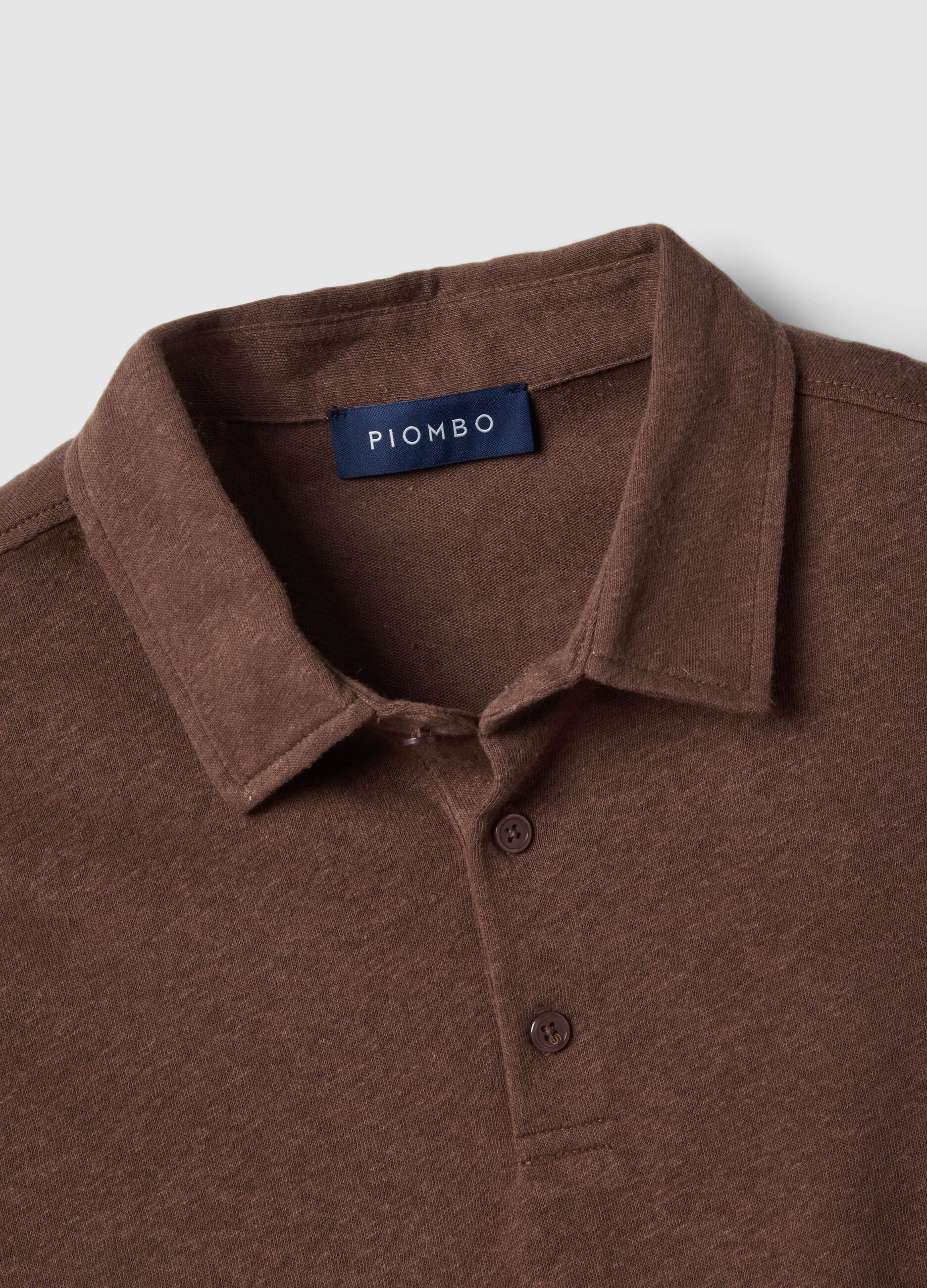 Brown linen and cotton blend regular fit polo